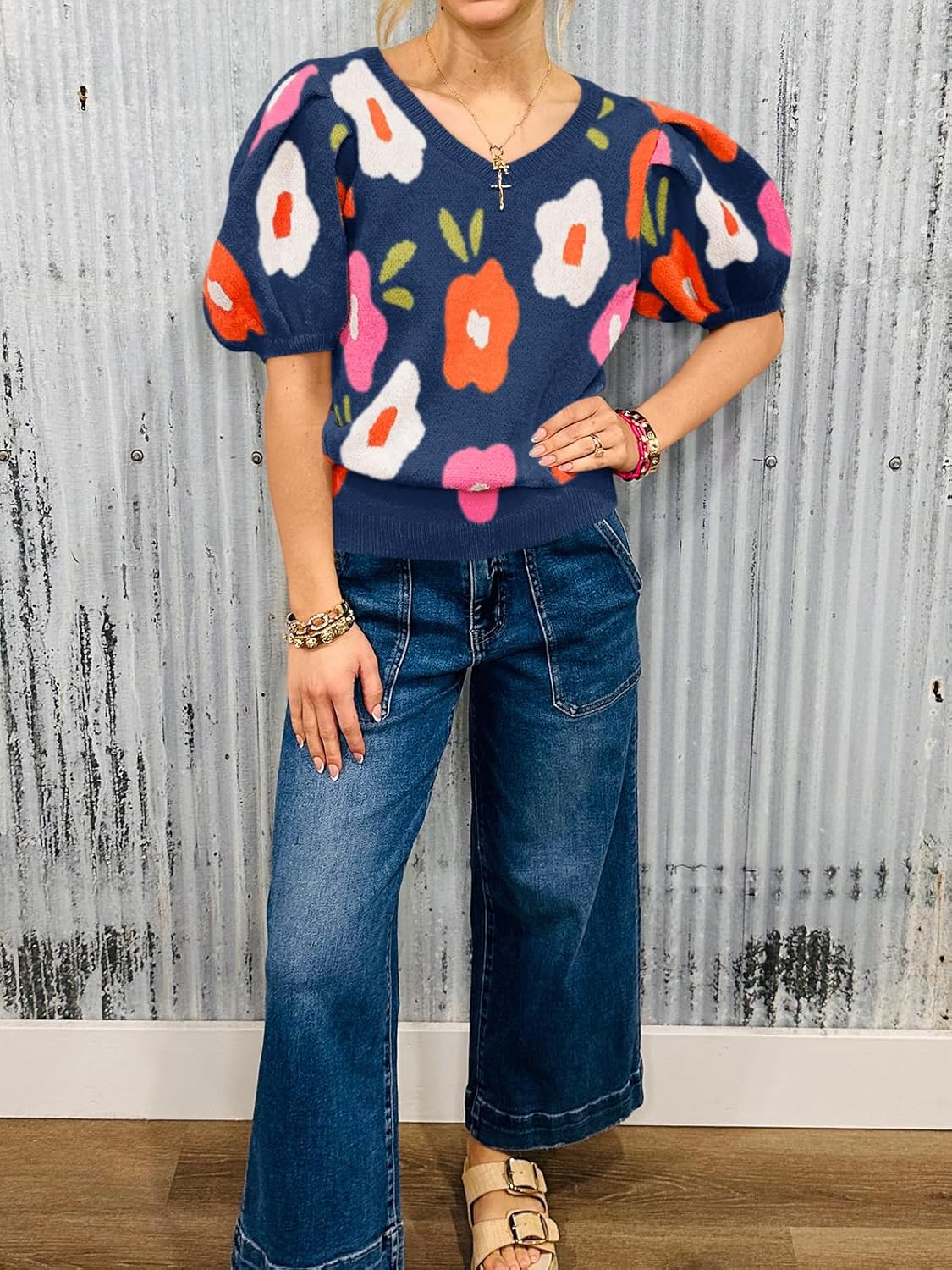 Cicy Bell Womens Puff Short Sleeve Sweater Tops 2026 Spring Summer Floral Pullover V Neck Casual Knit T Shirts - Image 5