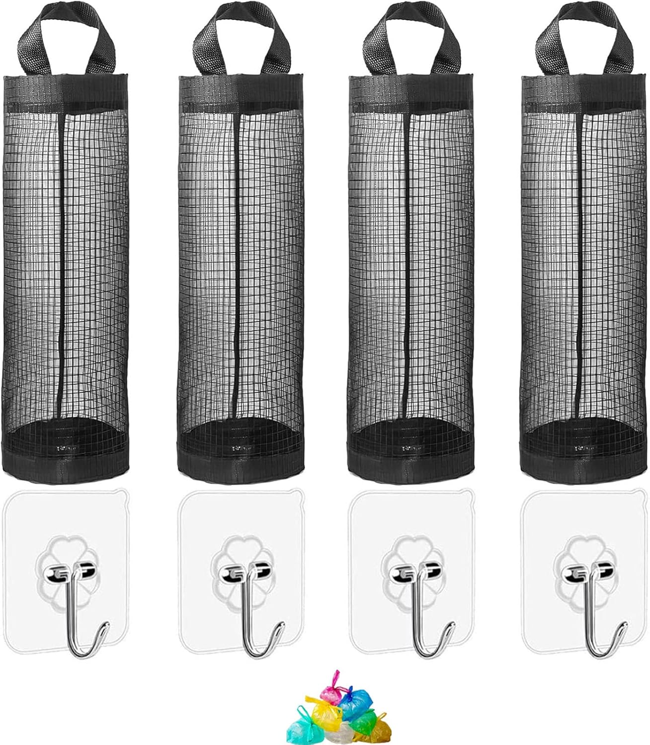 4 Pcs Bag Holder, Carrier Bag Storage with 4 Pcs Sticky Hooks, Breathable Mesh Hanging Grocery