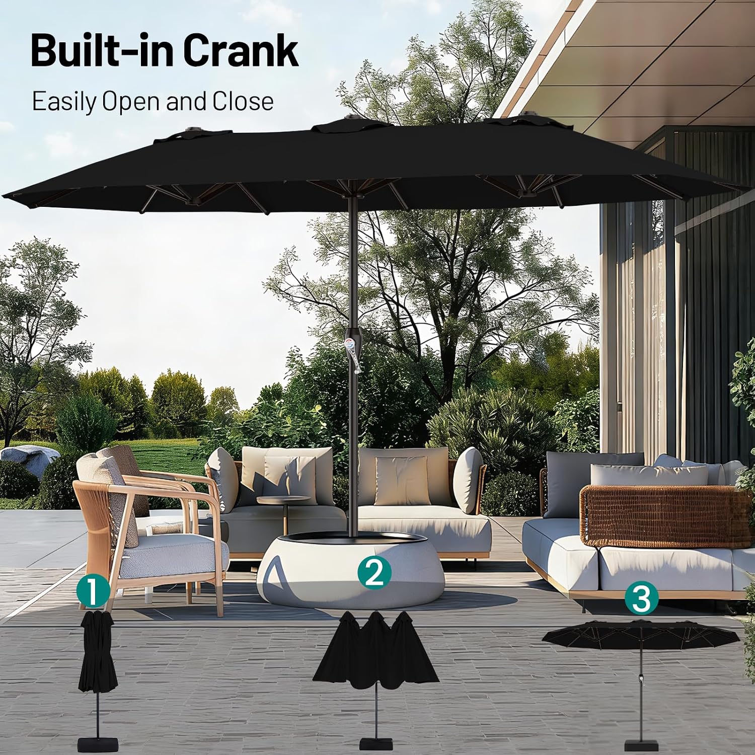 AreShark 15FT Outdoor Patio Umbrella with Crank, Large Rectangular Market Umbrella, Double-Sided Outdoor Umbrellas with Cross Base & Sandbag for Porch, Lawn, Pool, Backyard, Black