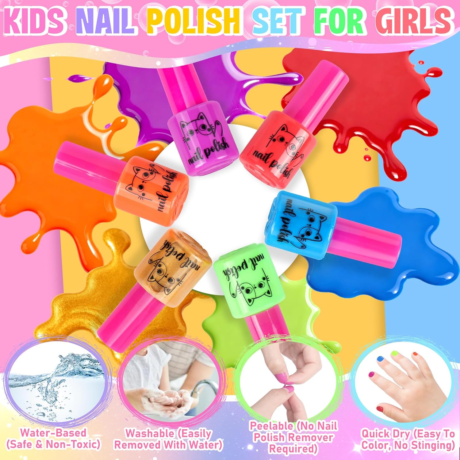 Kids Nail Polish Set for Girls, 27Pcs Nail Art Kit with Nail Dryer & Storage Case, Non-Toxic Peel-Off Water-Based Nail Polish, Christmas Birthday Gifts Toys for Toddlers Kids Girls Age 8 9 10+ - Image 3