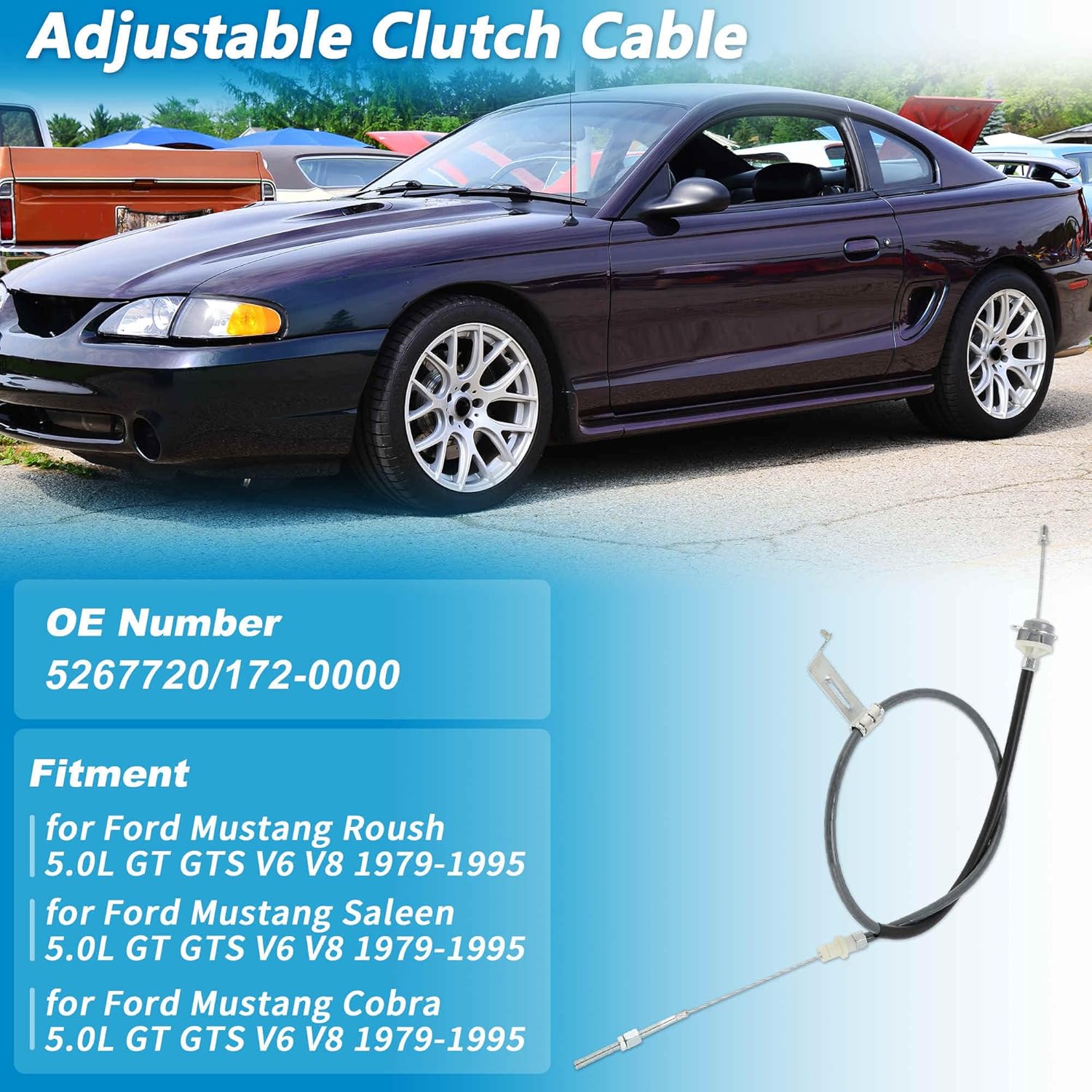 Adjustable Clutch Cable Double Hook Quadrant Kit for Ford for Mustang 1979-1995 5.0L GT GTS V6 V8 for Saleen for Cobra Heavy-Duty Clutch Service Cable Assembly No.5267720/172-0000