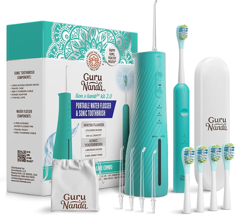 Lion & Lamb Kit 2.0, cepillo de dientes eléctrico con combinación de hilo dental, 4 puntas de chorro, 4 cabezales de cepillo y diseño impermeable IPX7 para un cuidado bucal completo, verde azulado