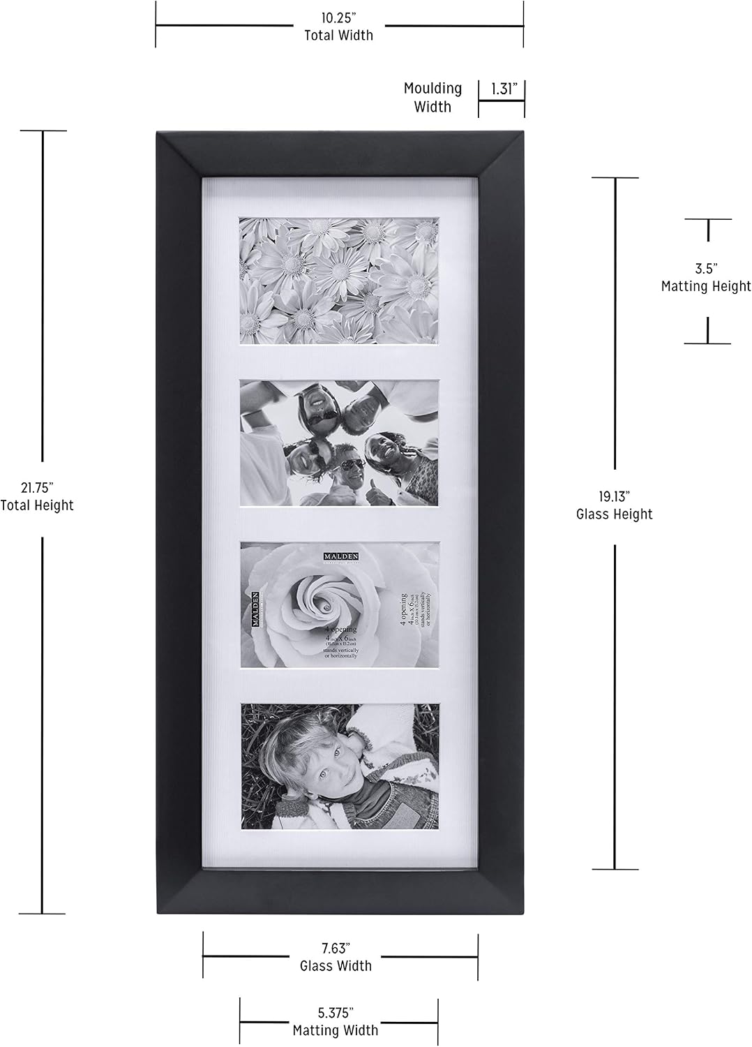 Malden 4x6 4Opening Collage Matted Picture Frame, Displays Four, Black, 4 Count
