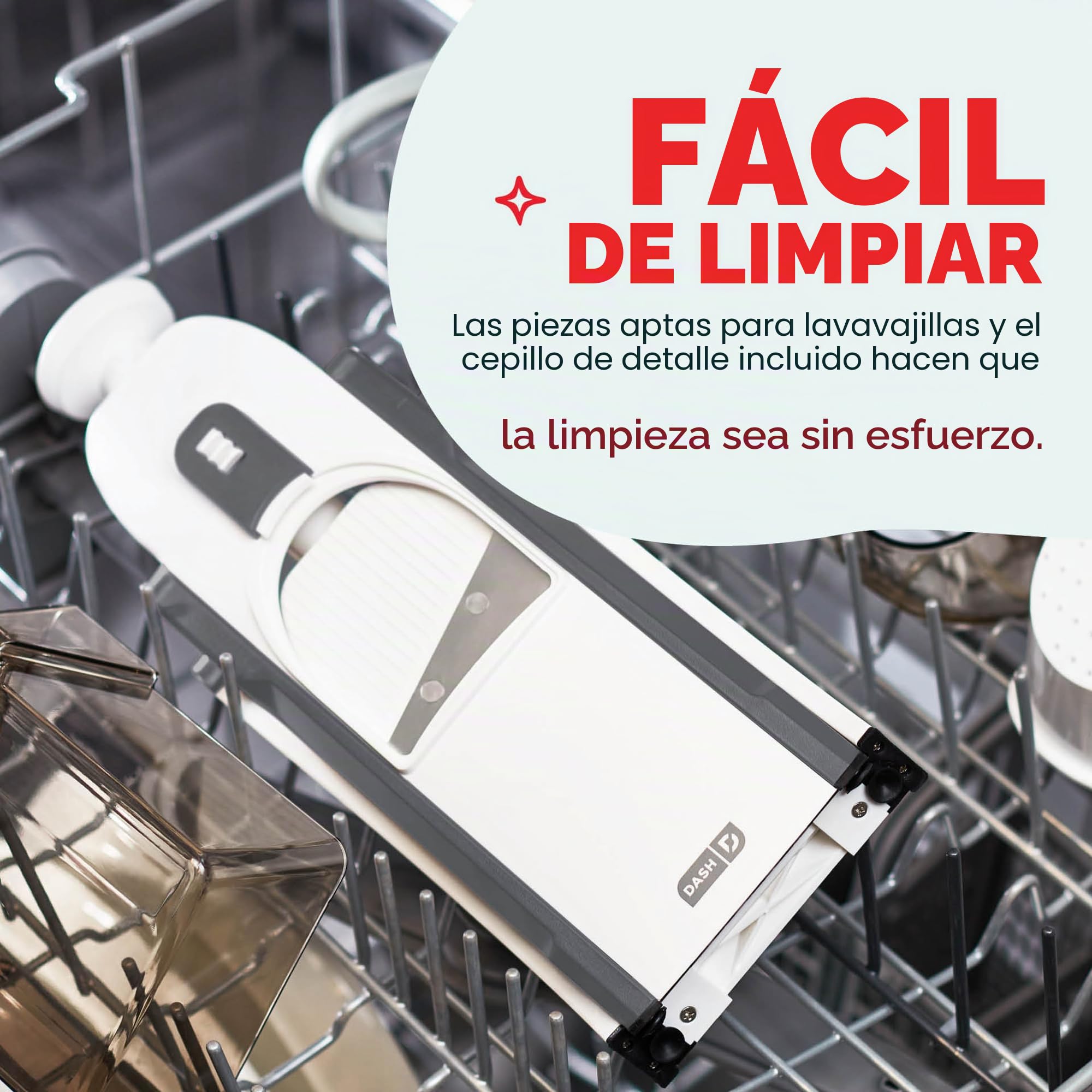 DASH Cortador de mandolina Safe Slice, Juliana + Dados para Verduras, preparación de Comidas y más con más de 30 ajustes preestablecidos y ajustador de Grosor, Plástico, Gris