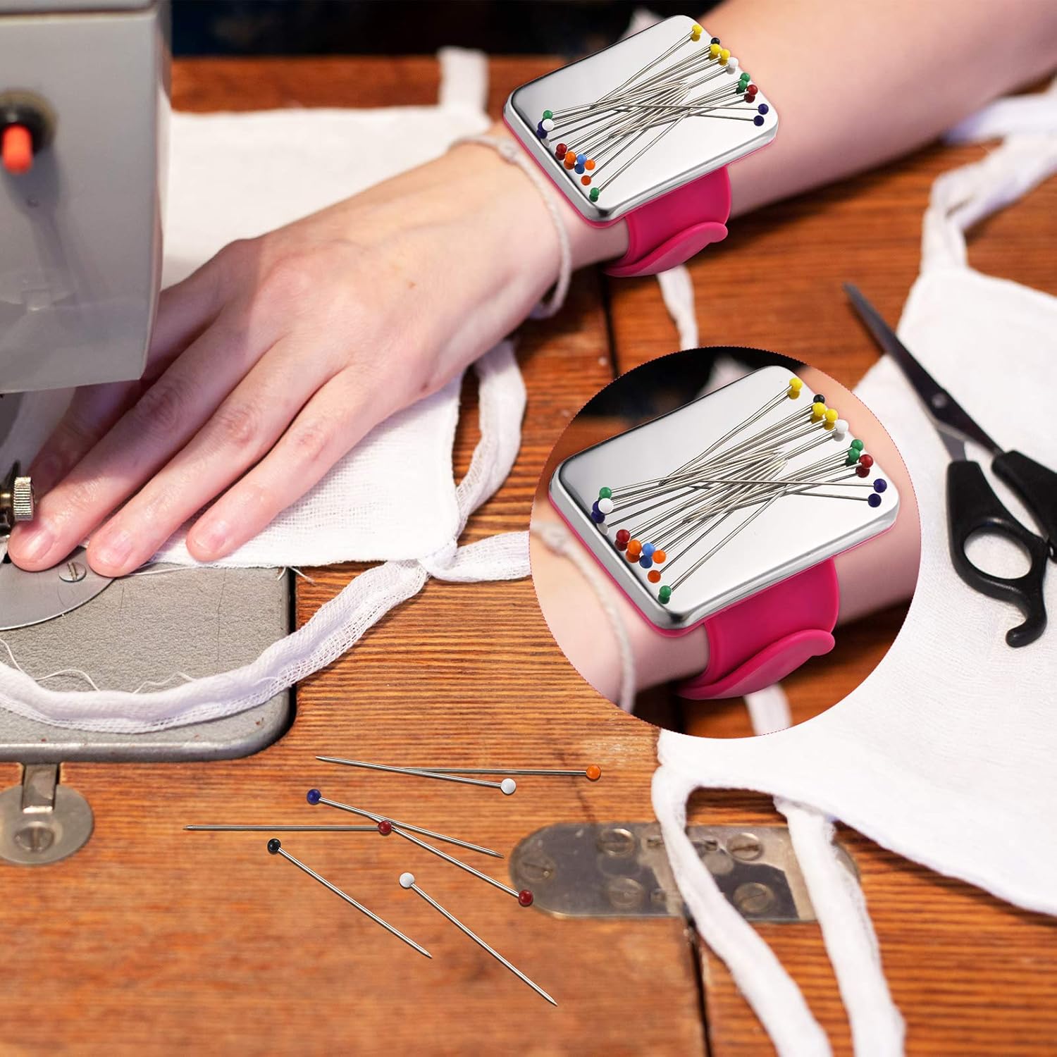 Jexine Magnetic Wrist Sewing Pincushion and Wrist Pin Cushions with 100 Pieces Sewing Pins, Cushion Wristband Holder Magnetic Pin Holder, 1.5 Inch Ball Head Straight Pins (Rose Red)