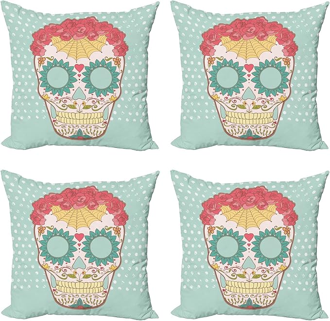Ambesonne Sugar Skull Throw Pillow Cushion Case Pack of 4, Image of Lady Skeleton Head Ornamented with Floral Wreath and Cultural Motifs, Modern Accent Double-Sided Digital Printing, 16