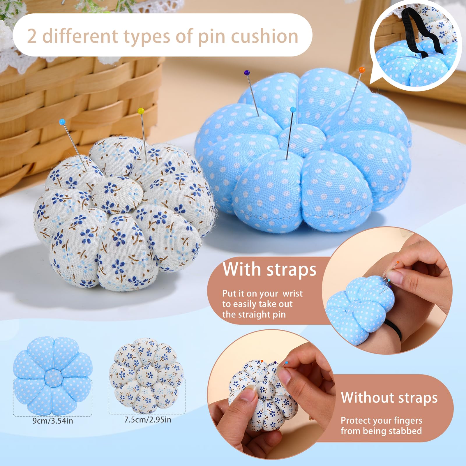 Kit de cojín de alfiler de costura, cojines de aguja para coser, cojín de aguja con 150 pines de coser, 50 agujas de coser, 10 tizas de sastres, desgarradores de costuras, tijeras y cinta métrica