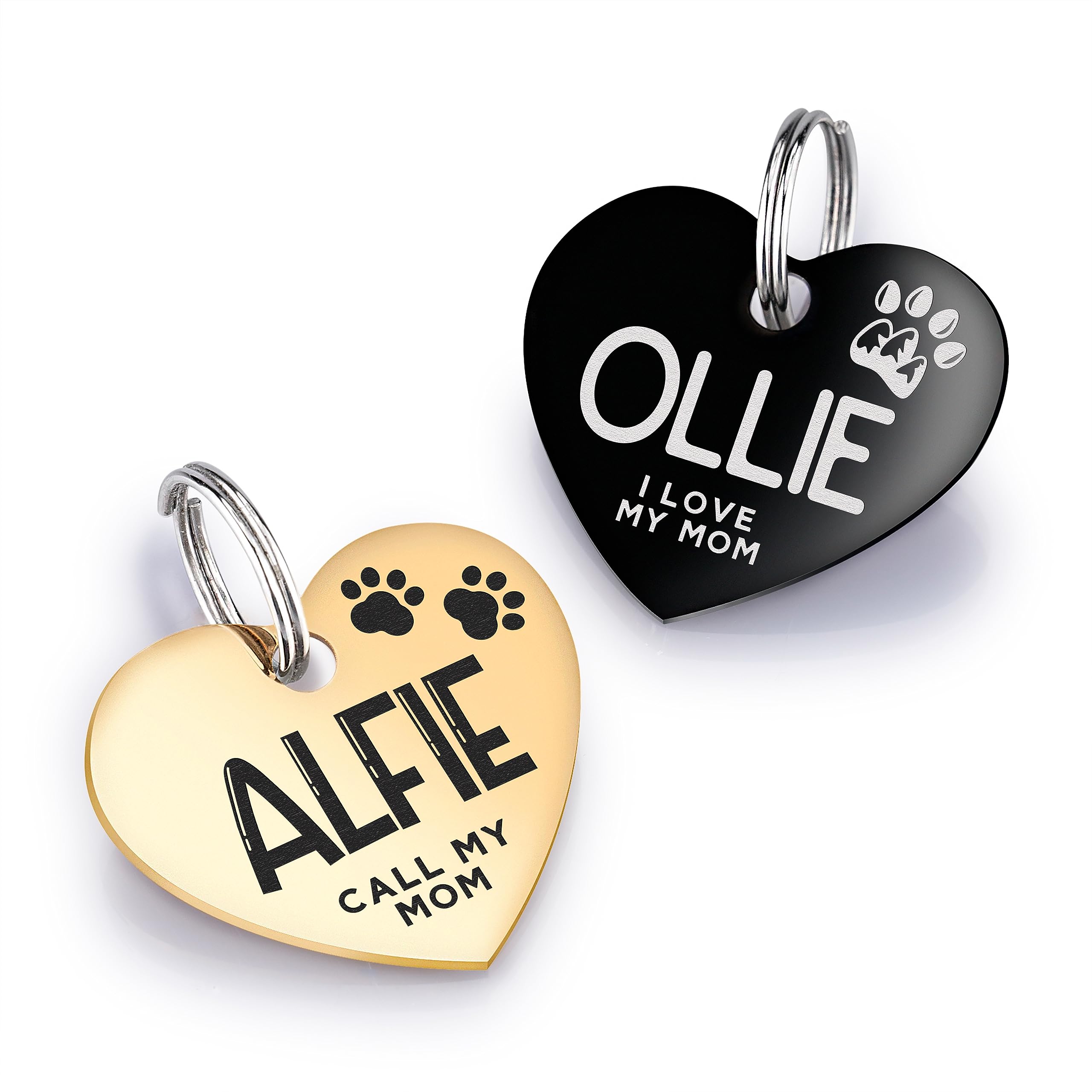 Stainless Steel Engraved Dog Name Tag - 5 Shapes & 4 Colors - Engraved on Both Sides, Presonalized w/ 10 Optional Icons, Durable Metal Pet ID Name Tag, Custom Cat Tag - Heart