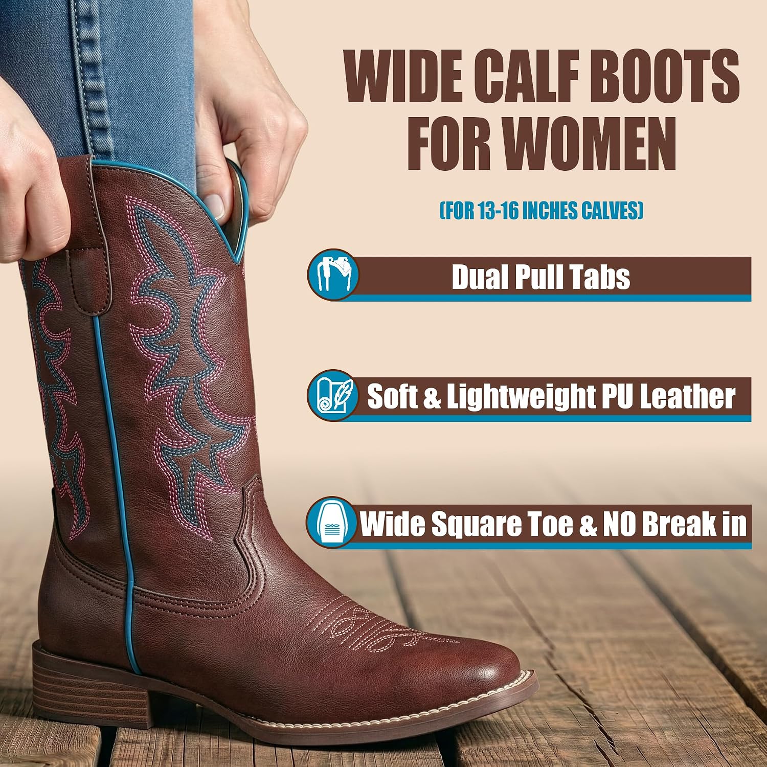 SheSole Cowboy Boots for Women Square Toe Wide Calf Cowgirl Boots Ladies Western Boots
