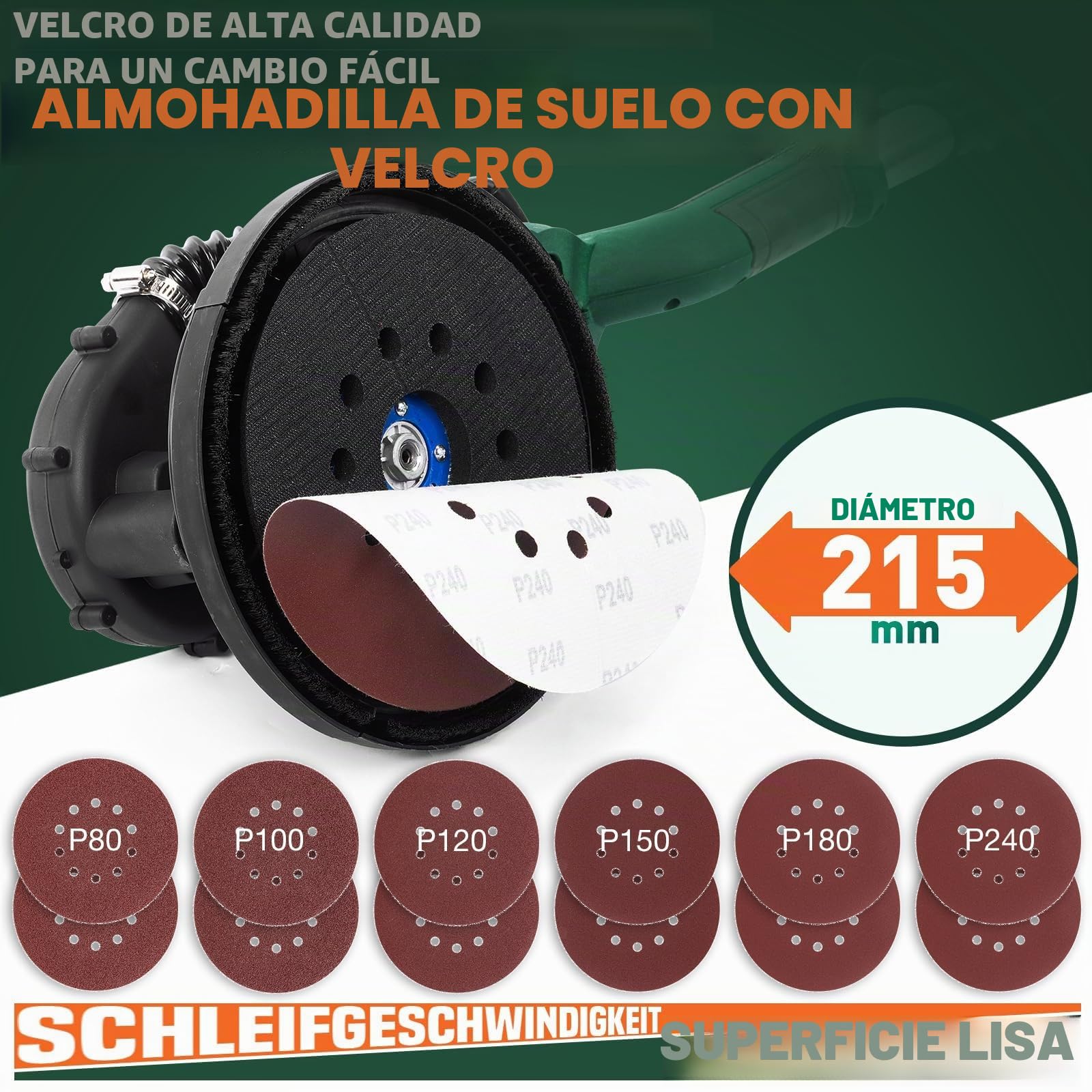 Lijadora de Pared, 850W Lijadora Eléctrica con 12 Discos de Lijado, 6 Velocidades Variables 800-1750 RPM, con Mango Extensible, Luz LED, Manguera Larga para Polvo y Bolsa de Almacenamiento