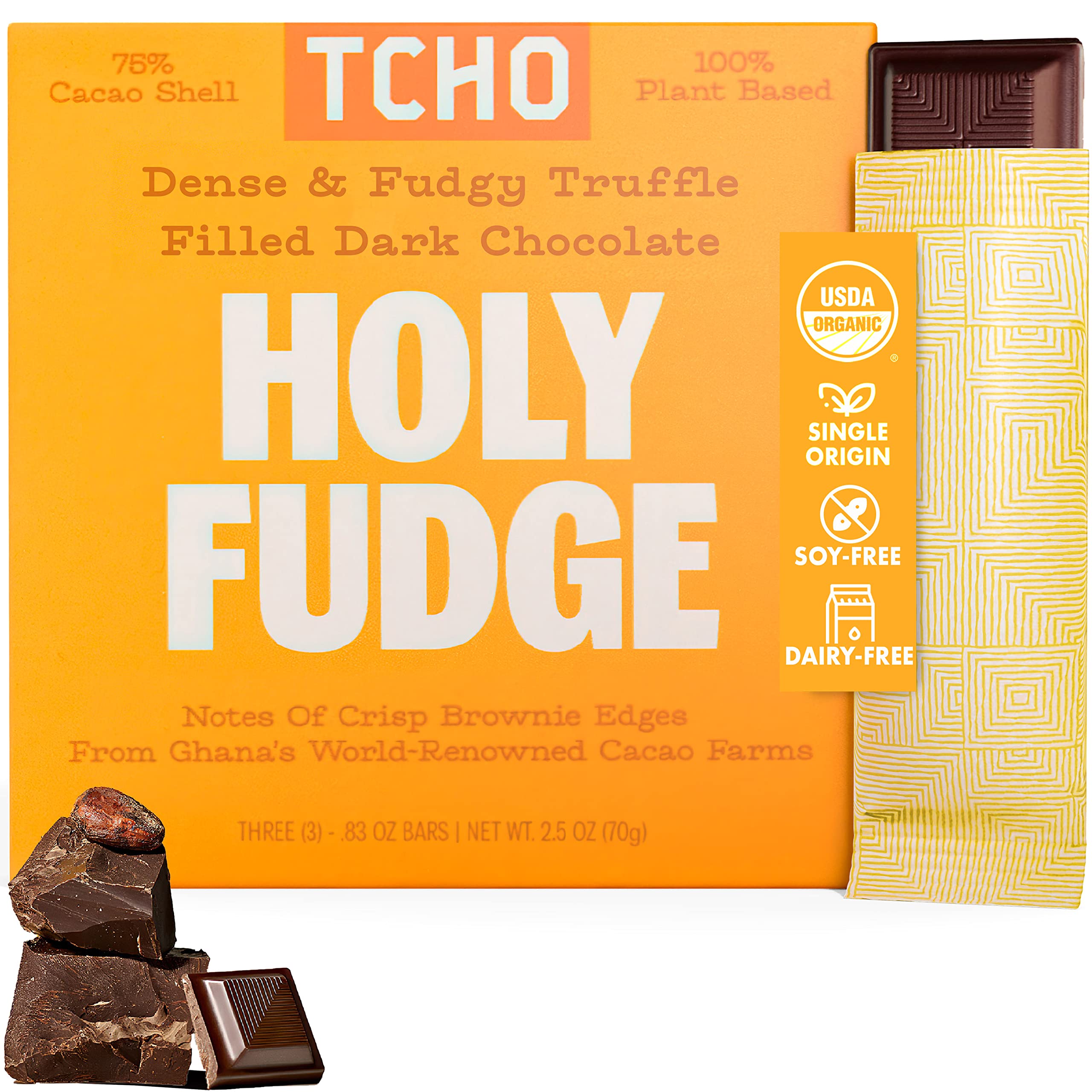Tcho Holy Fudge Dark Chocolate Truffle Bars (1 Pack) | Single Origin, 100% Plant Based, Organic & Fair Trade, | Non Gmo, Non-Dairy, Vegan, And Soy Free (2.5Oz Each) - Pure Cacao Bars