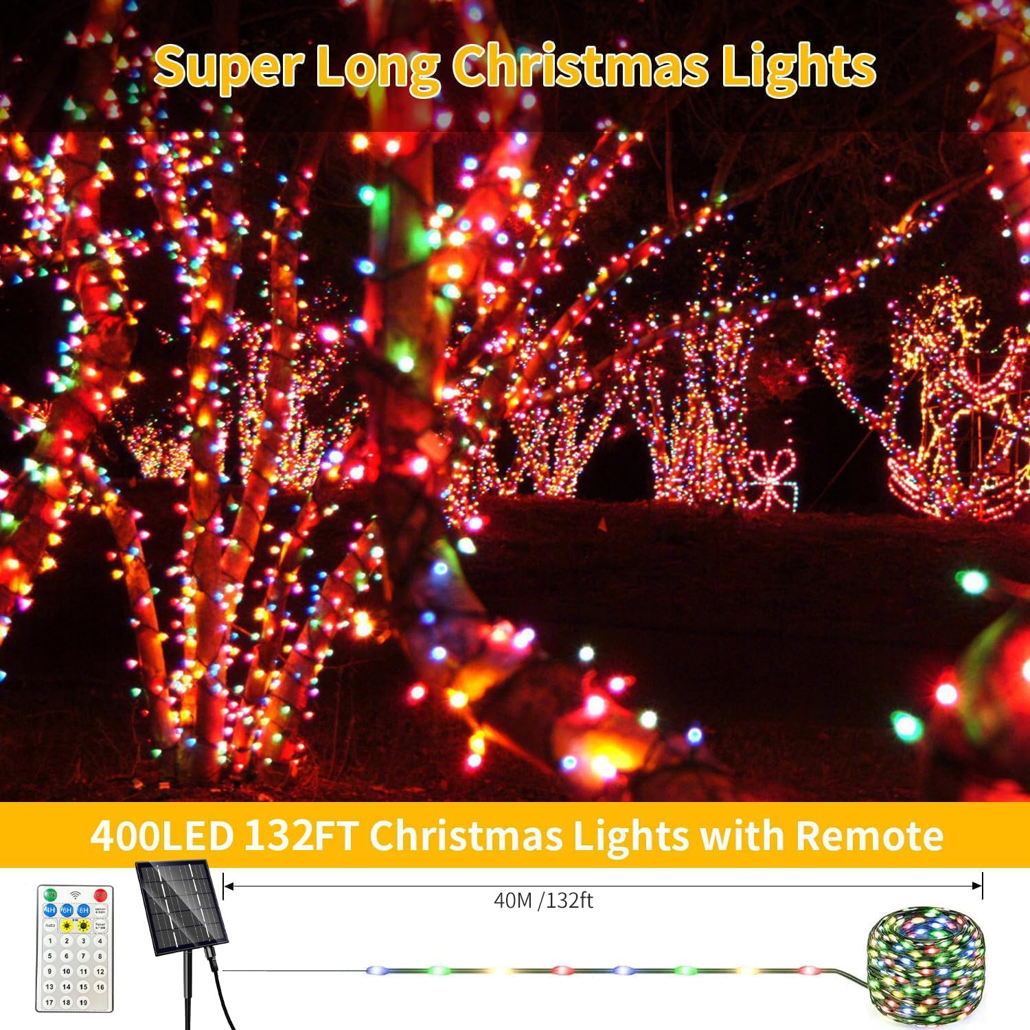 Yorezcop 400LED Luci Solari Natale Esterno, 19 Modalità Di Luci Solari, IP65 Impermeabile Luci di Natale Solare,Luci Solari per Esterni per Balcone, Giardino, Albero di Natale, partito