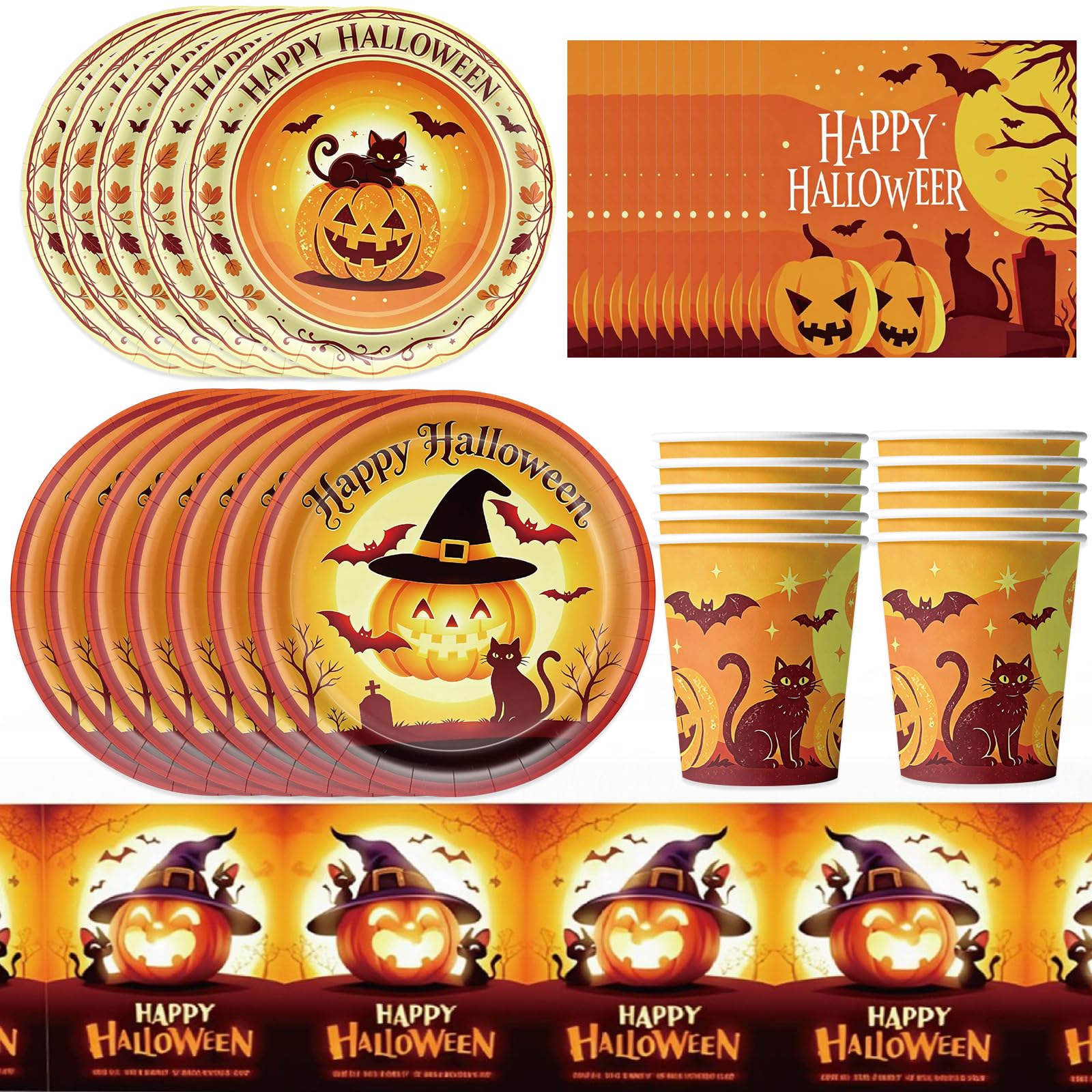 Halloween Tableware Set for 10 People - 51Pcs Decoration Paper Dinnerware With Reusable Plates, Napkins, Cups - Party Supplies and Halloween Decor