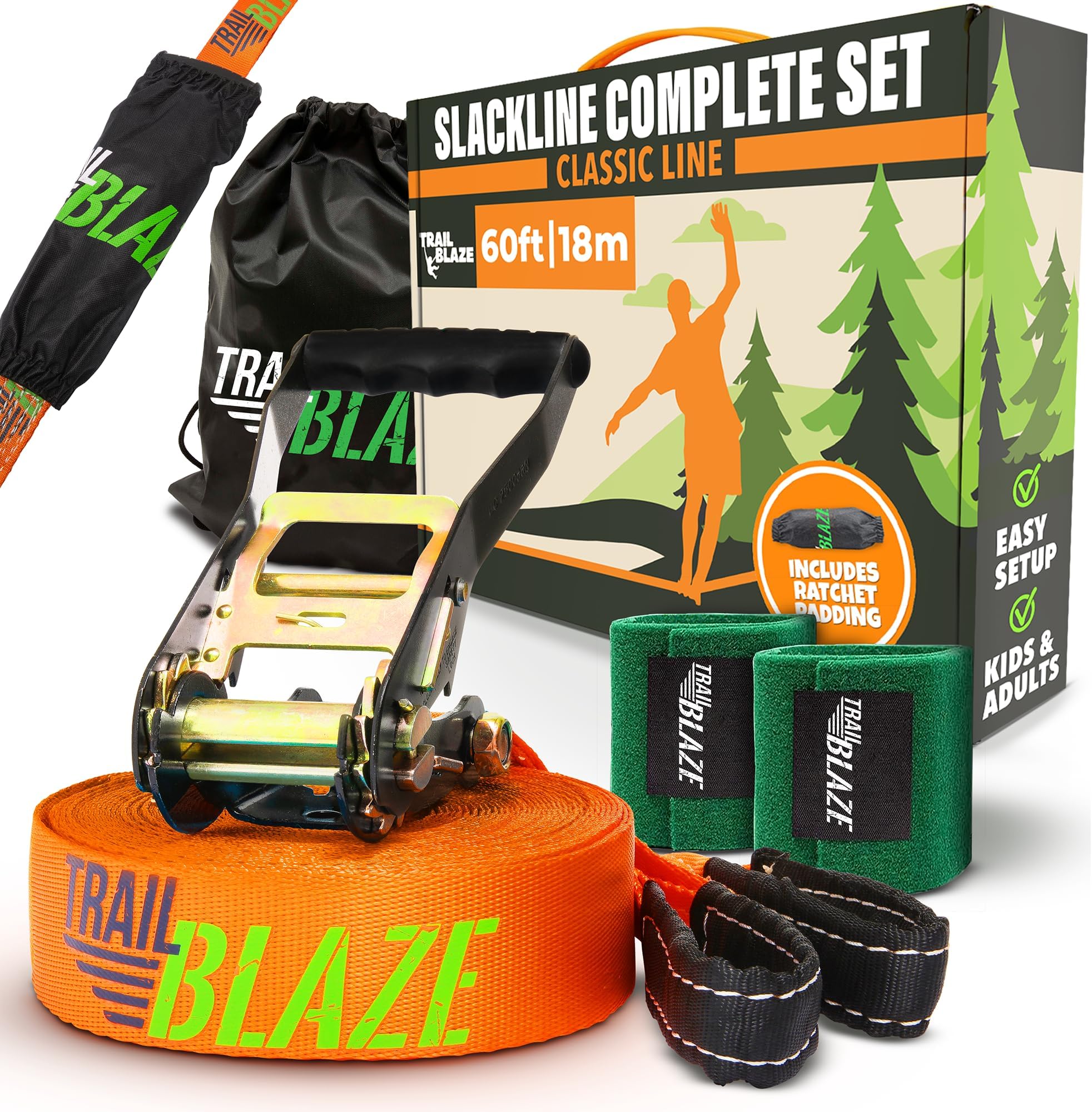 4 Piece Slackline Set 50 Feet Includes Tree Protectors Carry Bag and Bonus Teaching Line