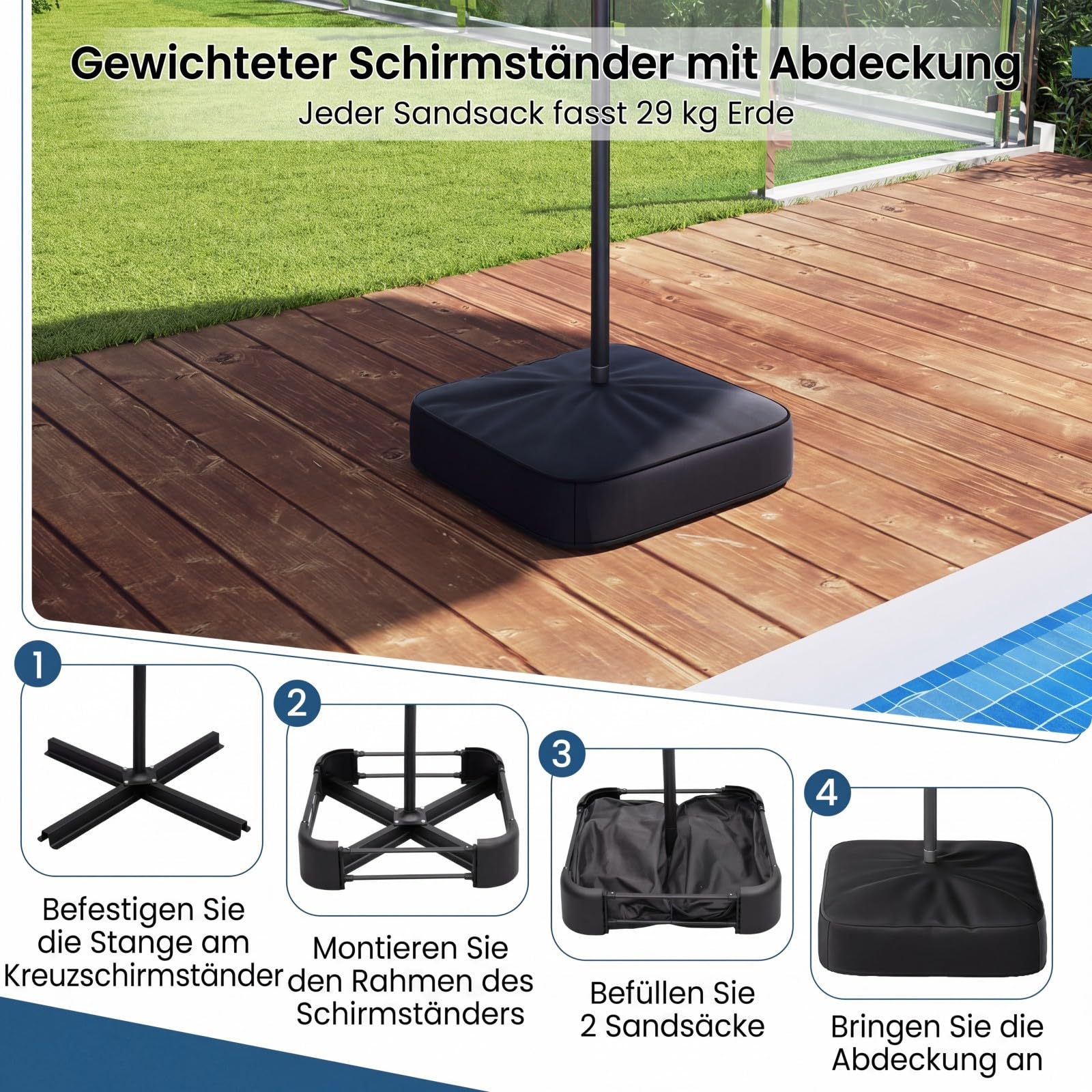 COSTWAY Doppelsonnenschirm mit Ständer und LED-Leuchten, 400 x 200 cm, Sonnenschirm Groß XXL, UPF 50+, Gartenschirm mit Kurbel, Terrassenschirm, Marktschirm für Garten, Terrasse & Pool (Anthrazit)