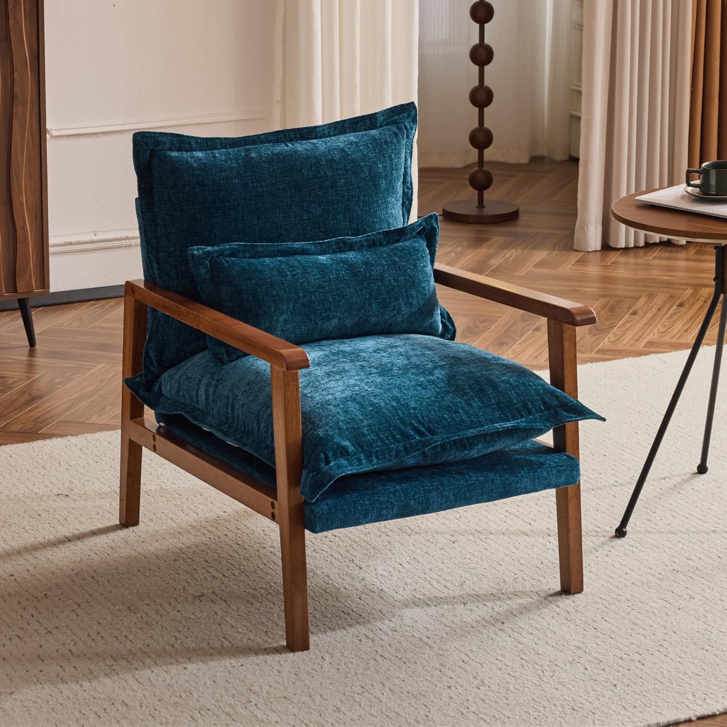 Karl home Plush Chenille Accent Chair with Lumbar Pillow & Ruffled Design Cozy Lounge Chair for Living Room, Bedroom, Reading Corner, Blue & Green