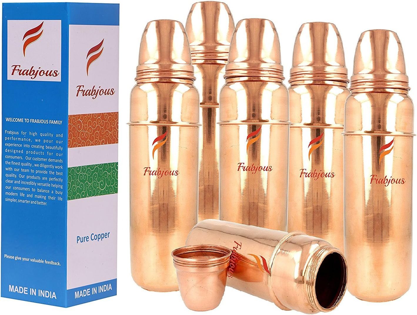 Frabjous Set of 6 Handmade Copper Thermos Design Water Bottle with Lid Volume 900 ML for Health Benefits Yoga, Ayurveda
