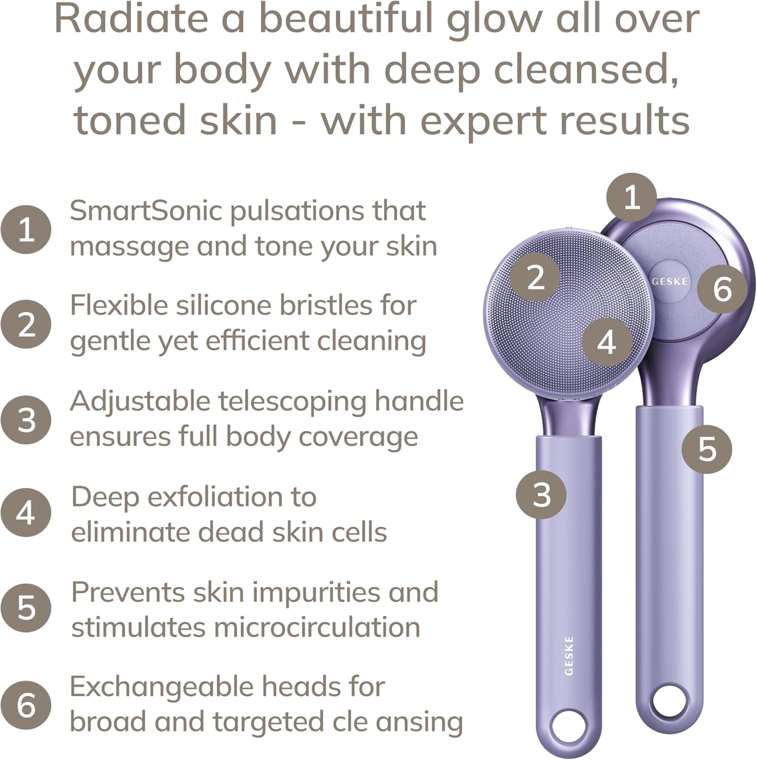 GESKE Sonic Full-Body Brush & Intensive Exfoliator | 8 in 1 | Electric Body Cleansing Brush | With SmartSonic Pulsations | Deep Cleansing, Exfoliation, Massage | Extendable Handle | Rough Skin Remover