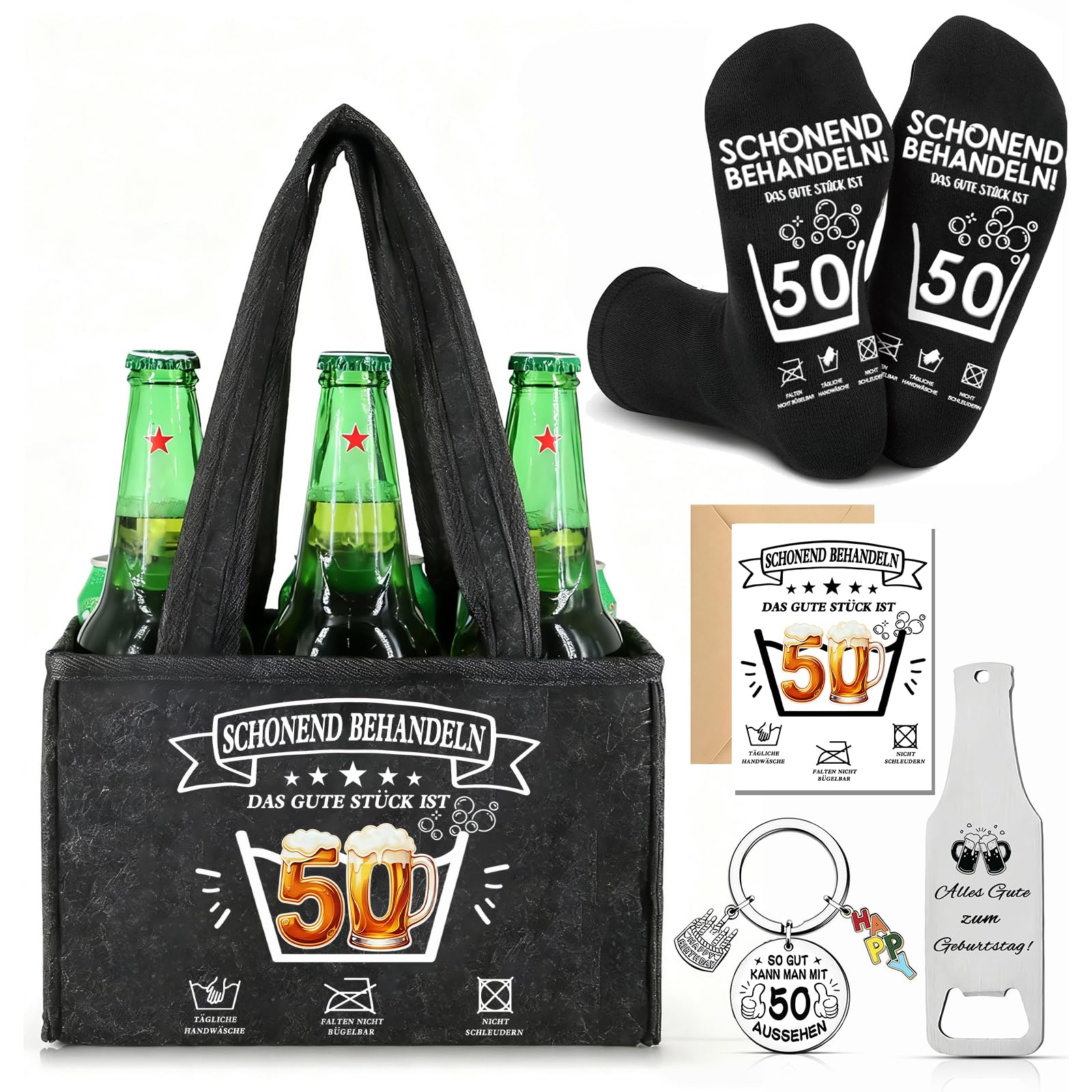 Wryzorix Männerhandtasche Bier Geschenkset,Geburtstagsgeschenk Mann,Geburtstagsgeschenk für Männer,Bier Handtasche,Socken,Flaschenöffner,Schlüsselanhänger & Karte,Biergeschenke Männer