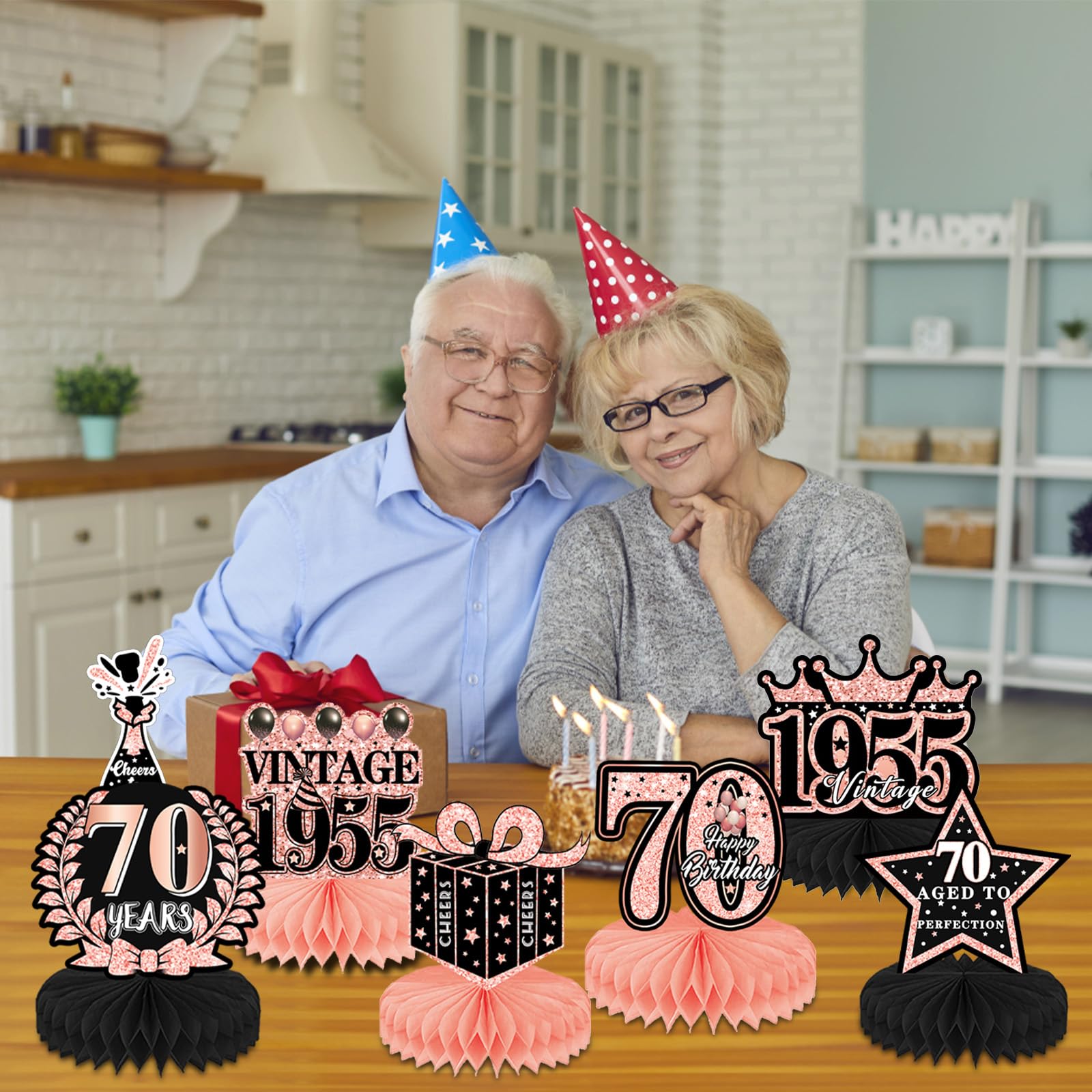9-Piece 80th Birthday Honeycomb Centerpiece Set - Rose Gold, Vintage 1944 Theme For Women - View #7