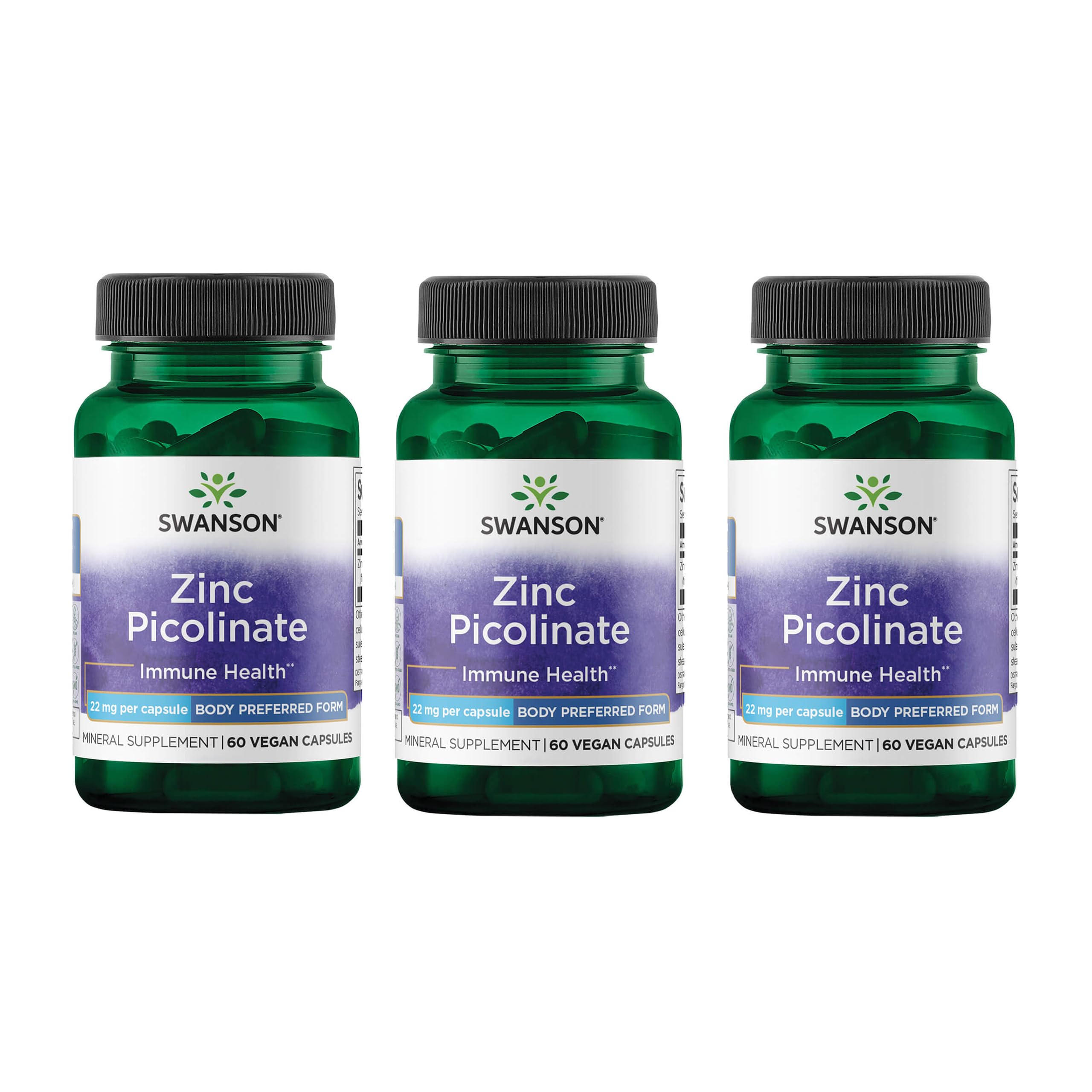 Swanson Zinc Picolinate Chelated Mineral, 22 mg, 60 Vegan Capsules, 3 Pack 60 Count (Pack of 3)