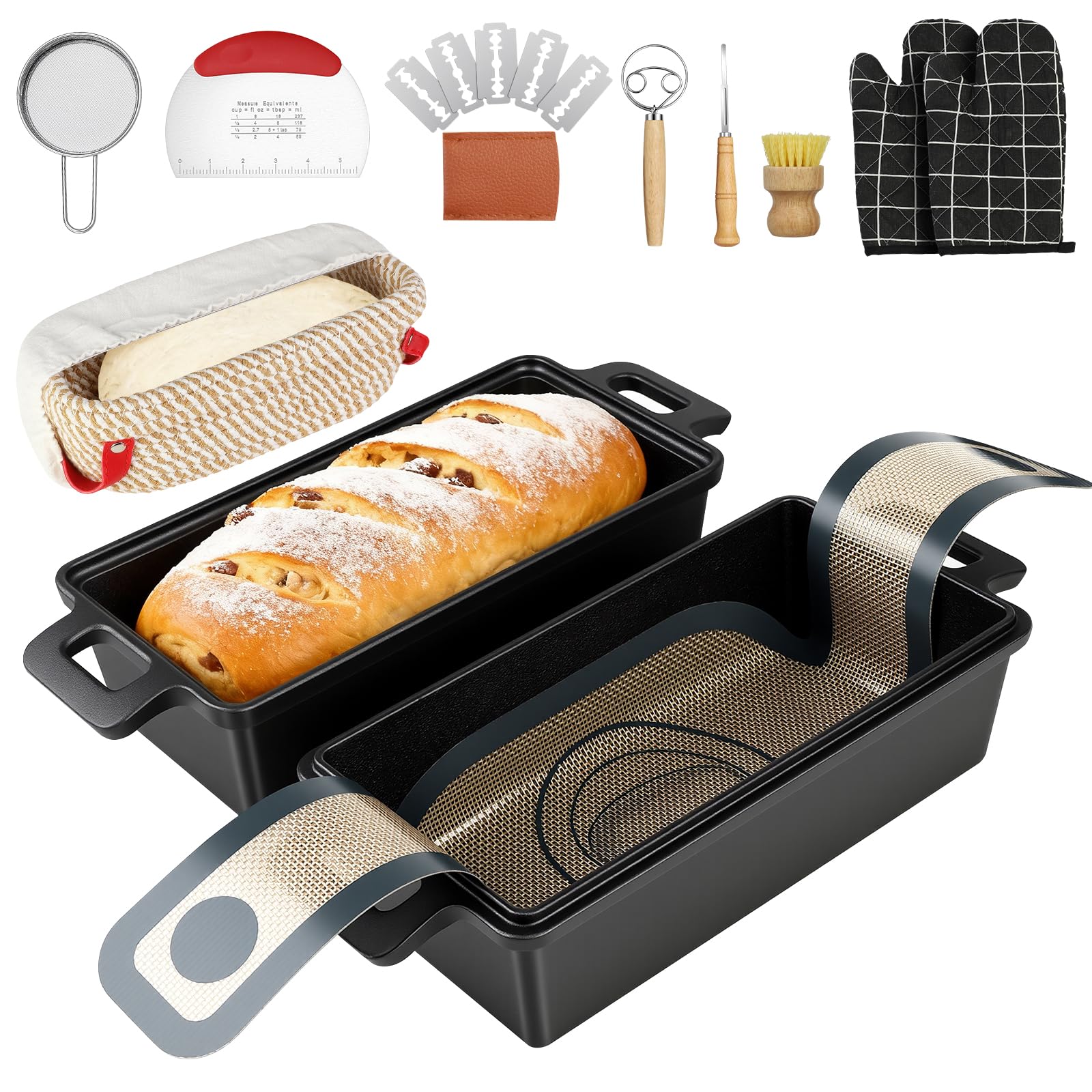 Brotbackform mit Deckel, Gusseisen Topf Brot Backen, 2-in-1 Brotbacktopf für selbstgebackenes Sandwichbrot, Bananenbrot, Kuchen, Hackbraten, Schwarz