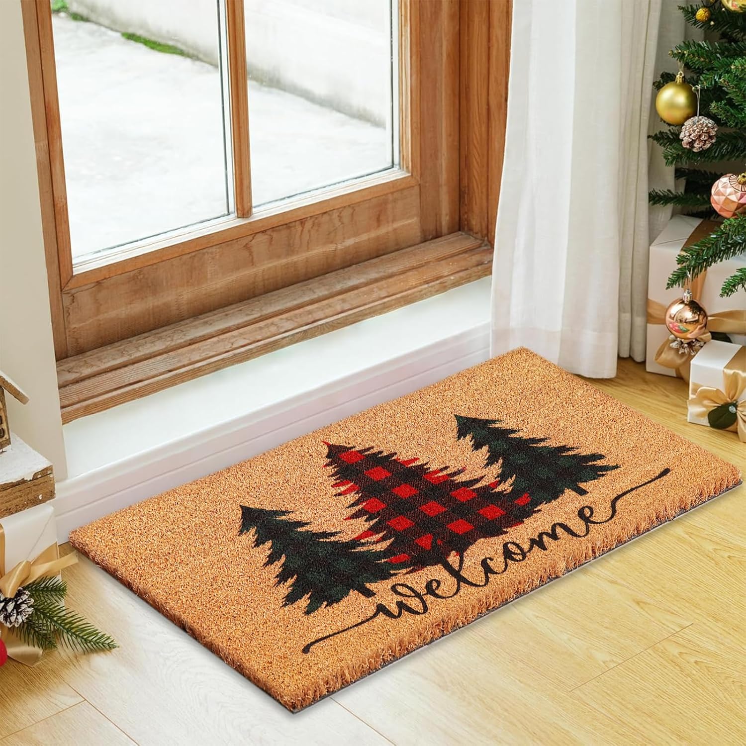 Whaline Christmas Natural Coir Doormat Buffalo Plaid Xmas Tree Welcome Floor Mat Non-Slip Entrance Door Rug for Indoor Outdoor Home Bathroom Decor, 16.5 x 29 Inch