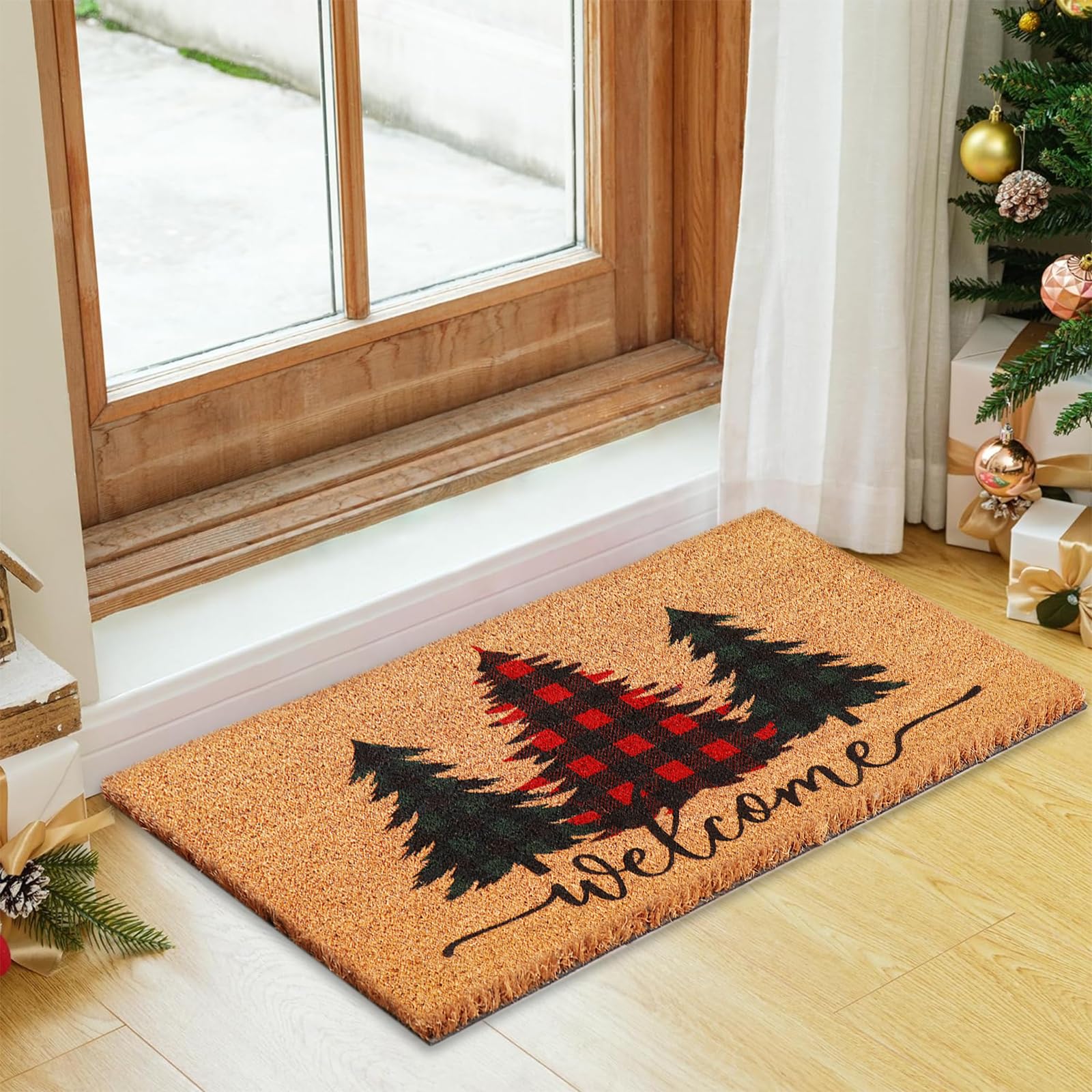 Whaline Weihnachtliche Fußmatte aus natürlicher Kokosfaser, Büffelkariert, Weihnachtsbaum, Willkommens-Bodenmatte, rutschfester Eingangstür-Teppich für drinnen und draußen, Zuhause, Badezimmer
