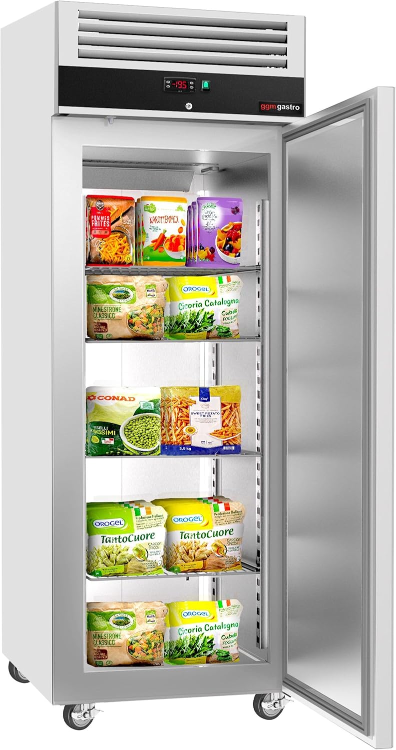 Interior view of the GGM Gastro TG700ND freezer with door open, showing shelves loaded with frozen food items.