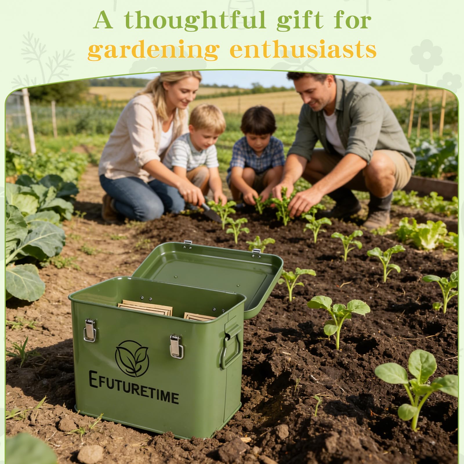 efuturetime Caja de Metal para Almacenamiento de Semillas 20,5×13,5×16cm, Organizador de Semillas de Jardín con 3 Compartimentos, Almacenamiento Semillas Flores Verduras Regalo Jardineros, Verde