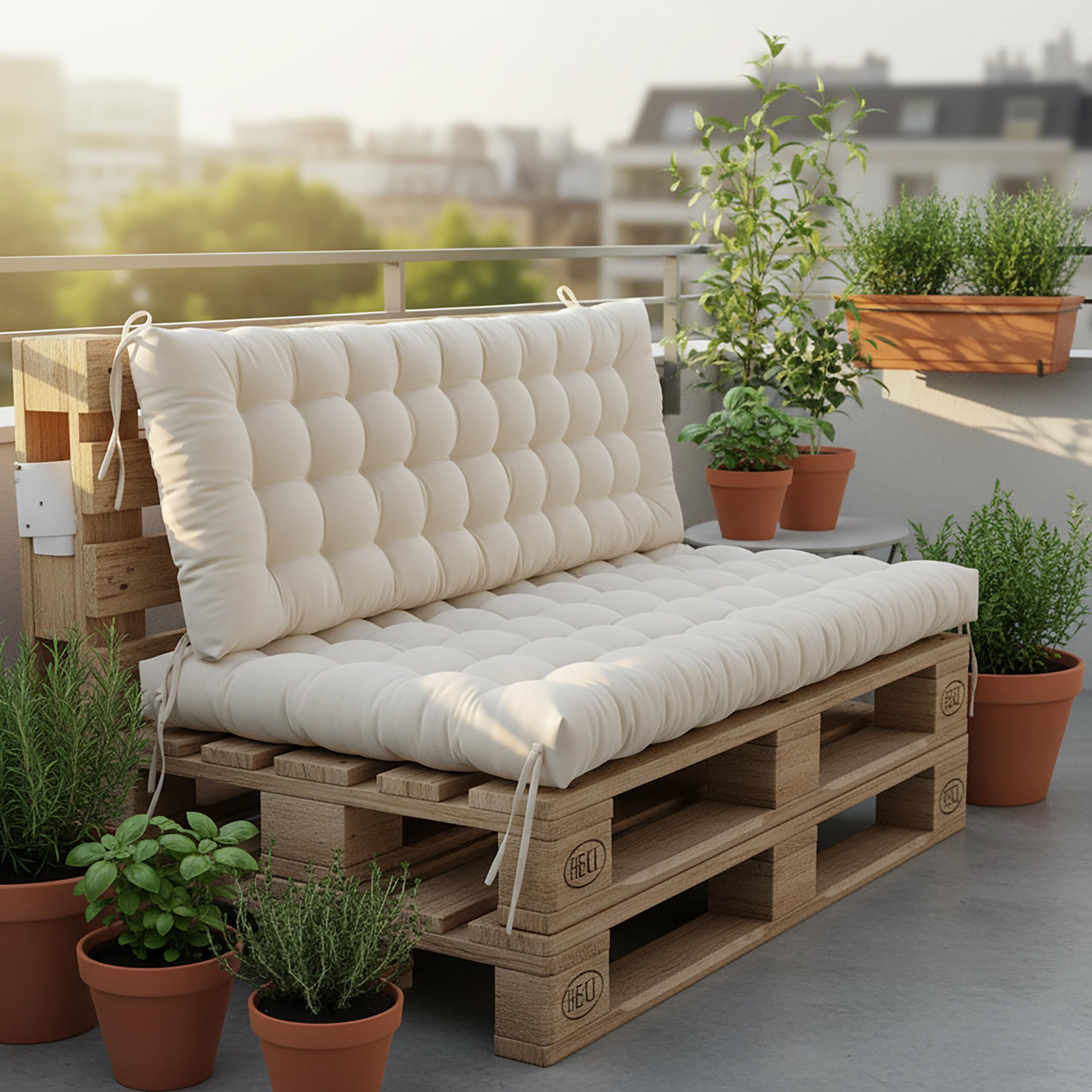 Relaxdays Cuscino Imbottito Trapuntato per Panca e Pallet, 180x70 cm, con Lacci, da Esterno, Beige