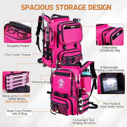 Miniatura 2 de Goture Mochila de pesca, mochila 900D resistente al agua con soportes para caña, bolsa de aparejos de pesca de gran tamaño de 58 L con bolsa cruzada