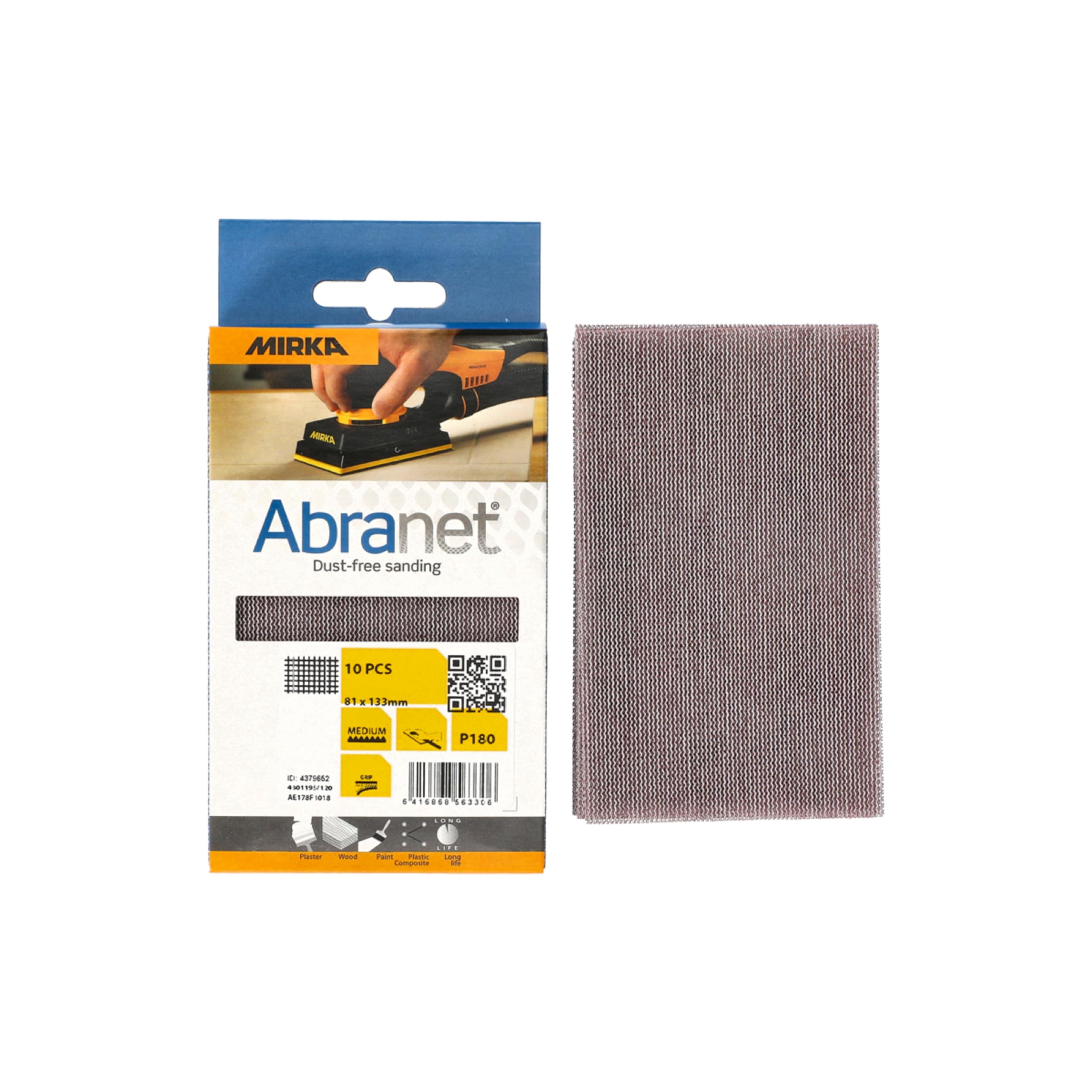 Mirka Abranet net sandpaper strips 81x133 mm Hook & loop/Grit P120 / 10 pcs/for sanding wood, filler, varnish, plastic / AE178F1012