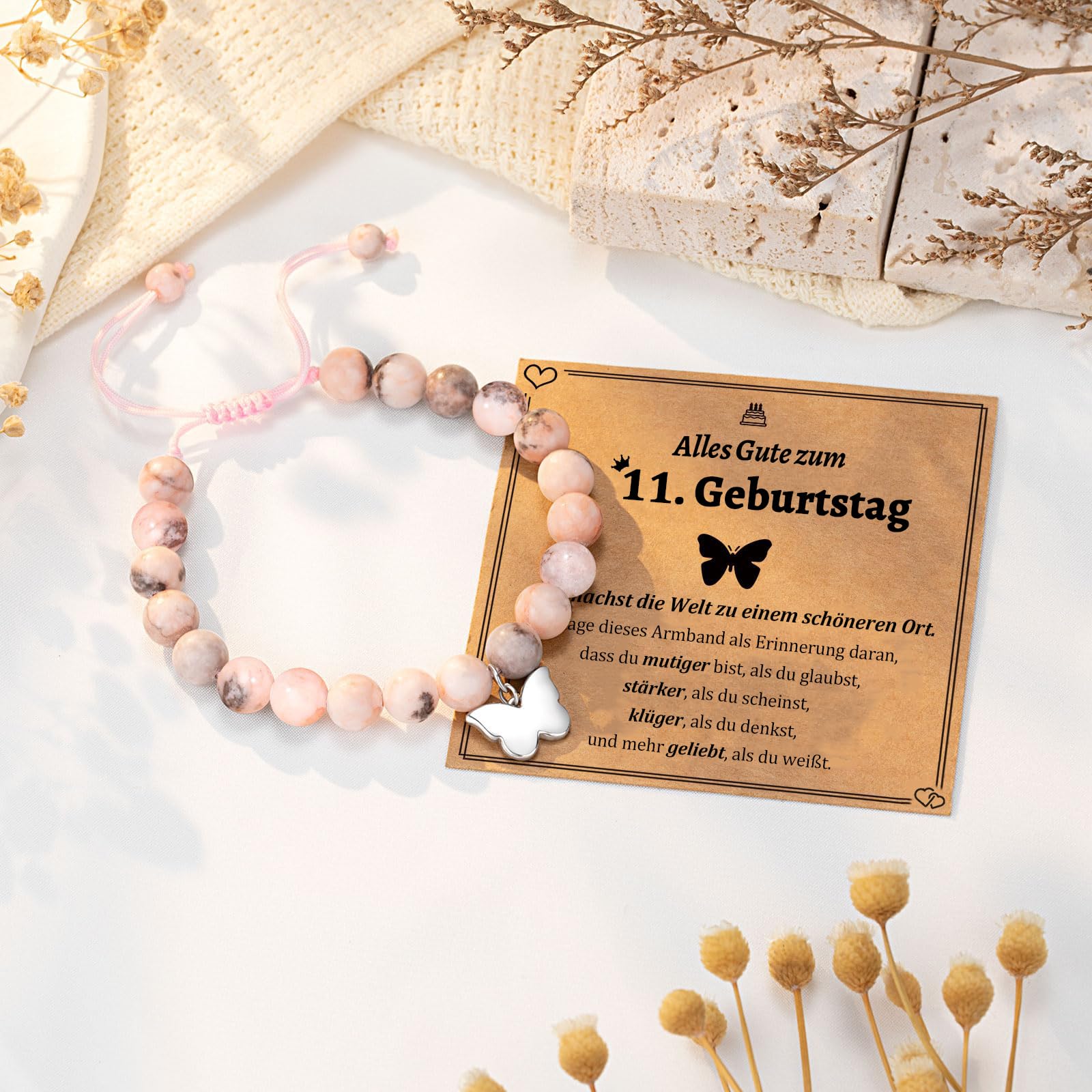 7./8./9./10./11./16. Geburtstagsgeschenke für Mädchen, Schmetterlings-Natursteinarmbänder mit Zitatkarte