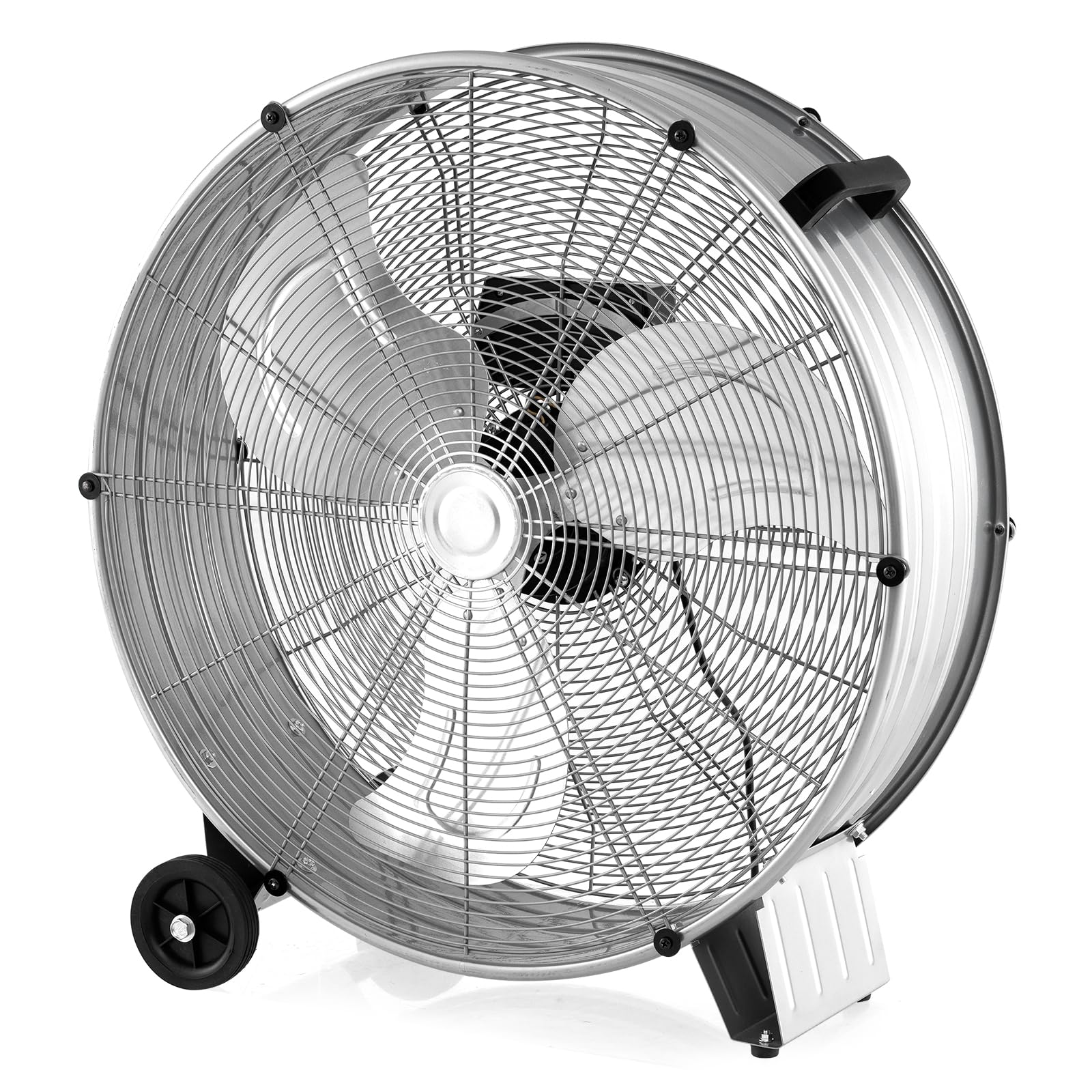 TANGZON 24"/59cm Industrial Drum Fan, 180W High Velocity Cooling Fan with 3 Speeds, Wheels & Handle, Portable Floor Standing Fans for Home Office Gym Garage Warehouse (Silver)