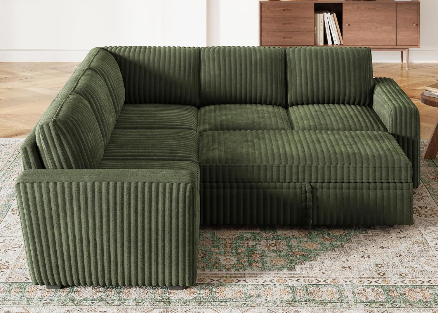 HONBAY Modular Sectional Sleeper Sofa with Pull Out Bed,Corduroy L Shaped Couch with Storage, Sectional Couches for Living Room,Green