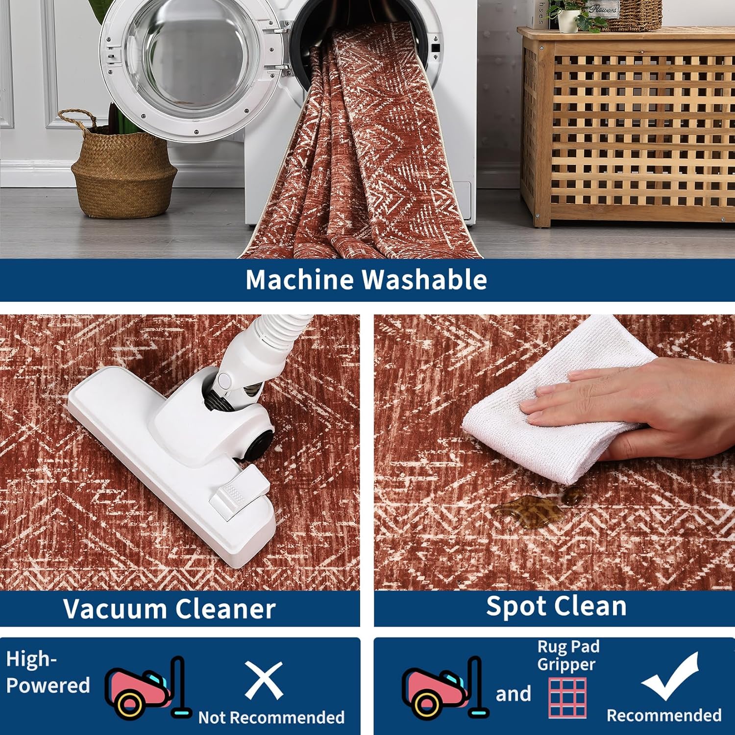 COZYLOOM 2x6 Rug Modern Indoor Area Rug Machine-Washable for Living Room or Hallway Softness Foldable Mat for Easy Storage Geometric Design Non Slip Rug Low Pile Stain Resistant Carpet, Brick Red