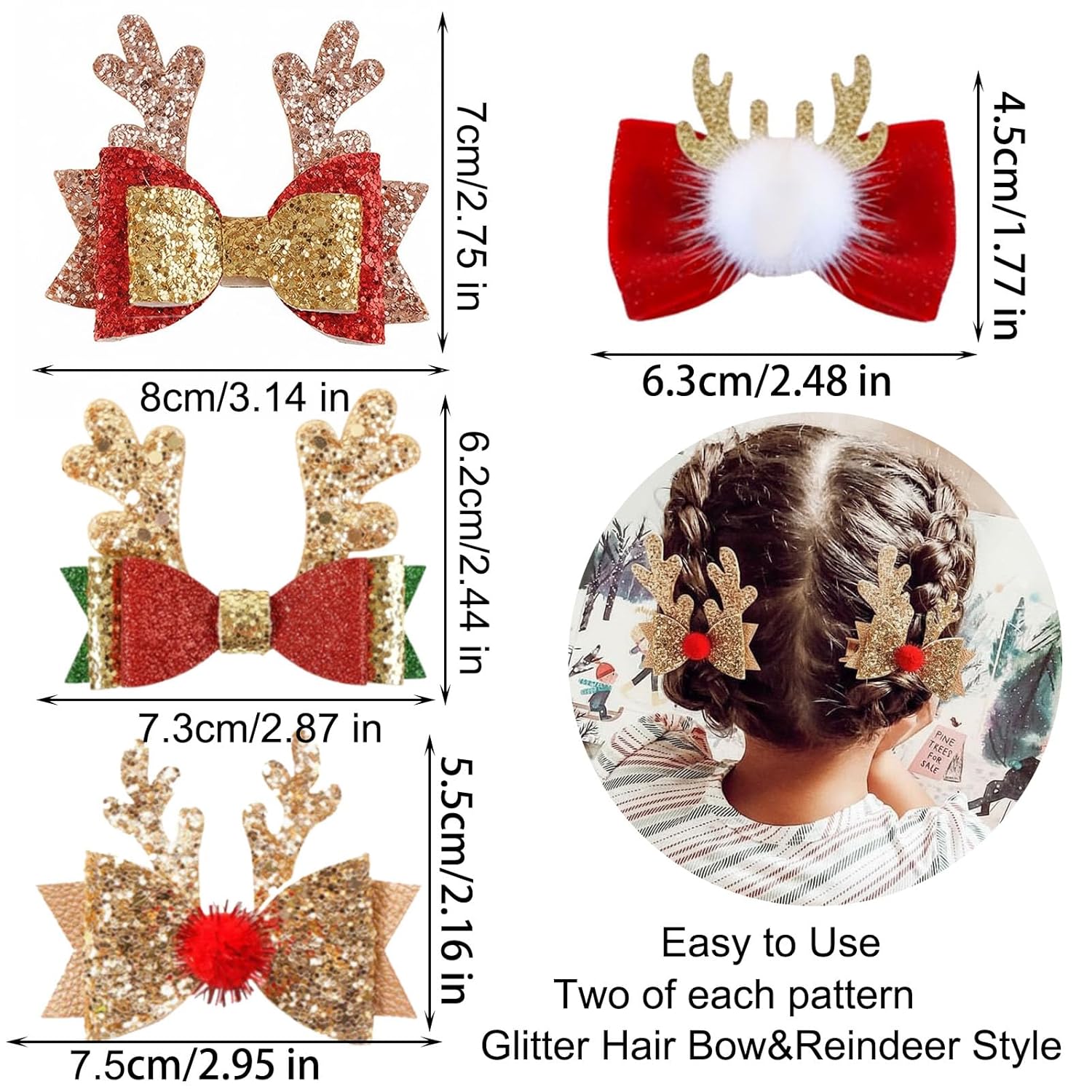 8 PCS Christmas Glitter Hair Clips Reindeer Antlers Hair Bows Deer Ears Cute Headdress Headband Sparkly Accessories for Women Gifts - Image 2
