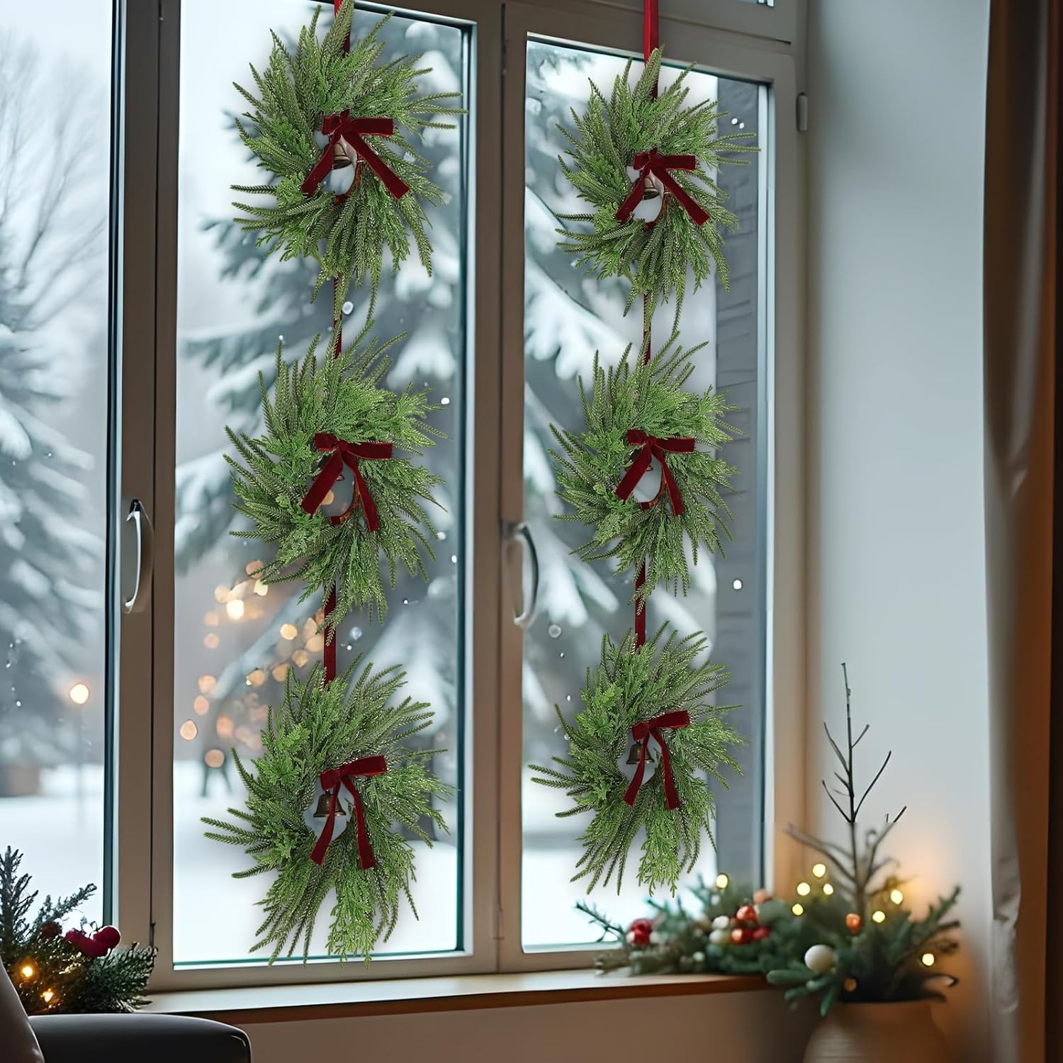 2 Pack Christmas Wreath String with 3 Pcs Norfolk Pine Wreath, 61" Front Door Hanging Artificial Cedar Pine Velvet Bow Bell for Xmas Cabinet Window Indoor Outdoor Holiday Porch Wall Decor