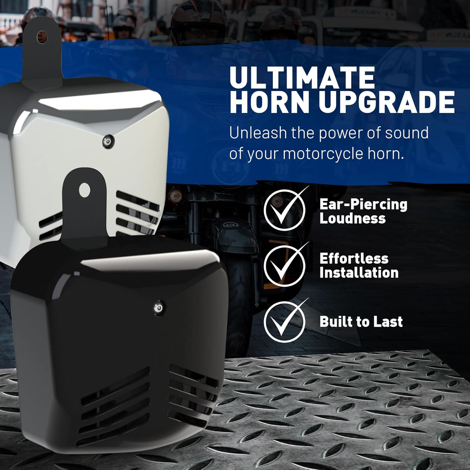 Custom Dynamics PROBEAST Motorcycle Horn, Dual Tone Air Horn Compatible with Harley Davidson Motorcycles, Plug and Play Loud 104 dB, Heavy Duty Metal Bracket ABS Cover (Gloss Black)