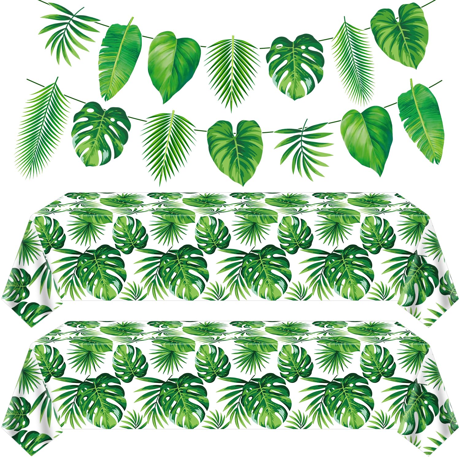 4 Pack Palm Leaf Tablecloths and Banners Hawaii Green Leaves Table Covers Tropical Leaf Table Cloths Palm Leaves Banners Hawaii Party Banner for Safari Jungle Themed Party Decorations