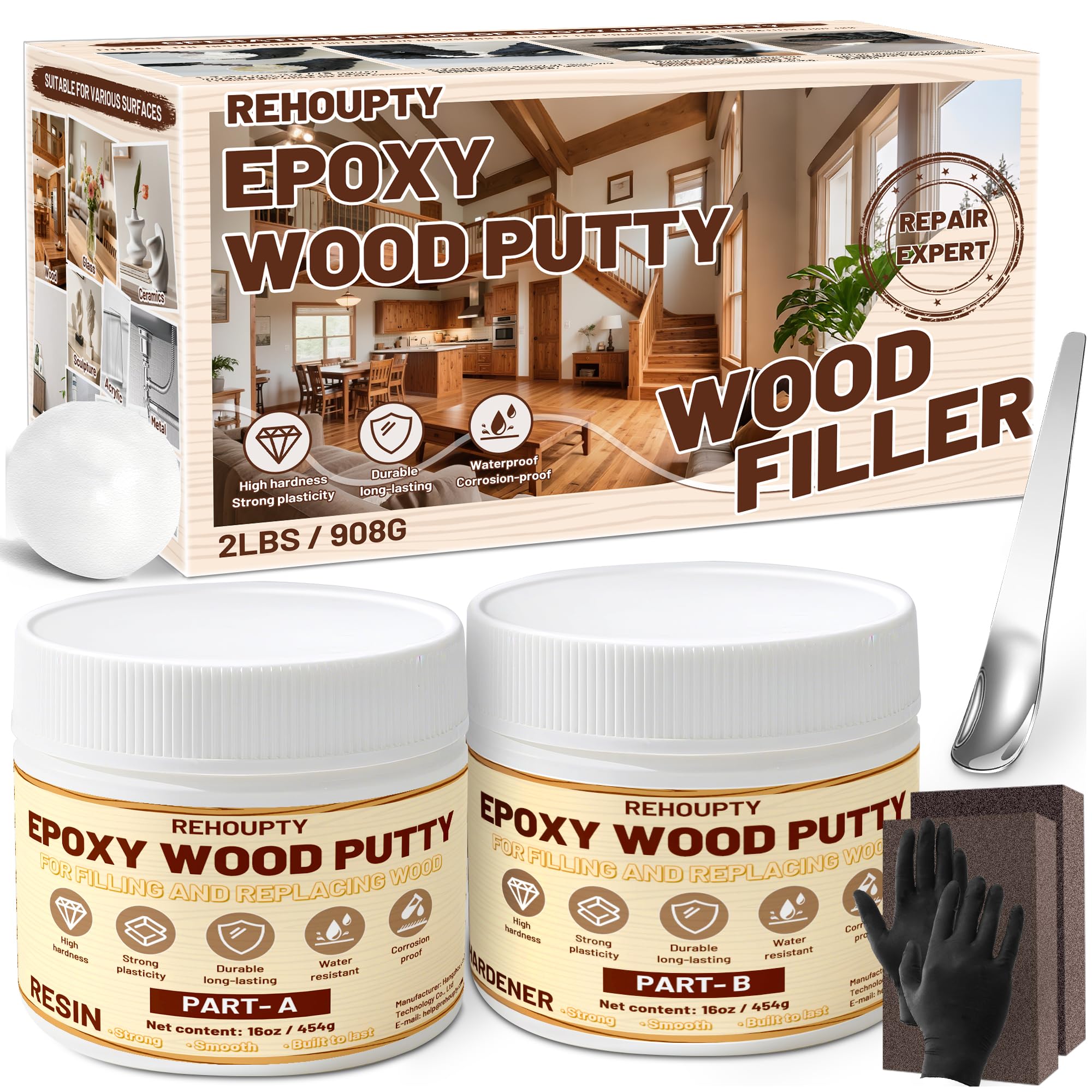 Epoxy Wood Putty Filler Kit, High Capacity Strength Wood Epoxy & Repair Kit, Stainable Paintable 32oz 2-Part Putty Filler