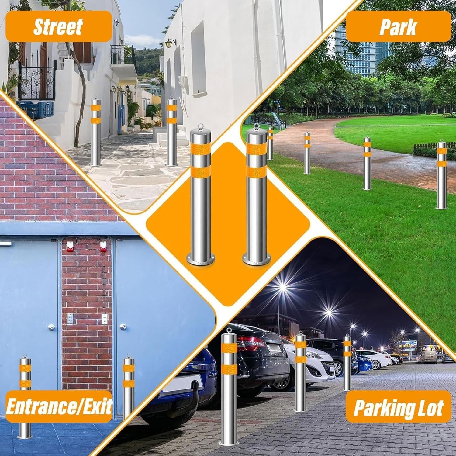 Paletti di sosta in Acciaio Inox con Strisce Riflettenti - Set da 3 Pezzi, Adatti per Barriere di Sicurezza Stradale in parcheggi e stazioni di Servizio (76x750x1,2 cm)