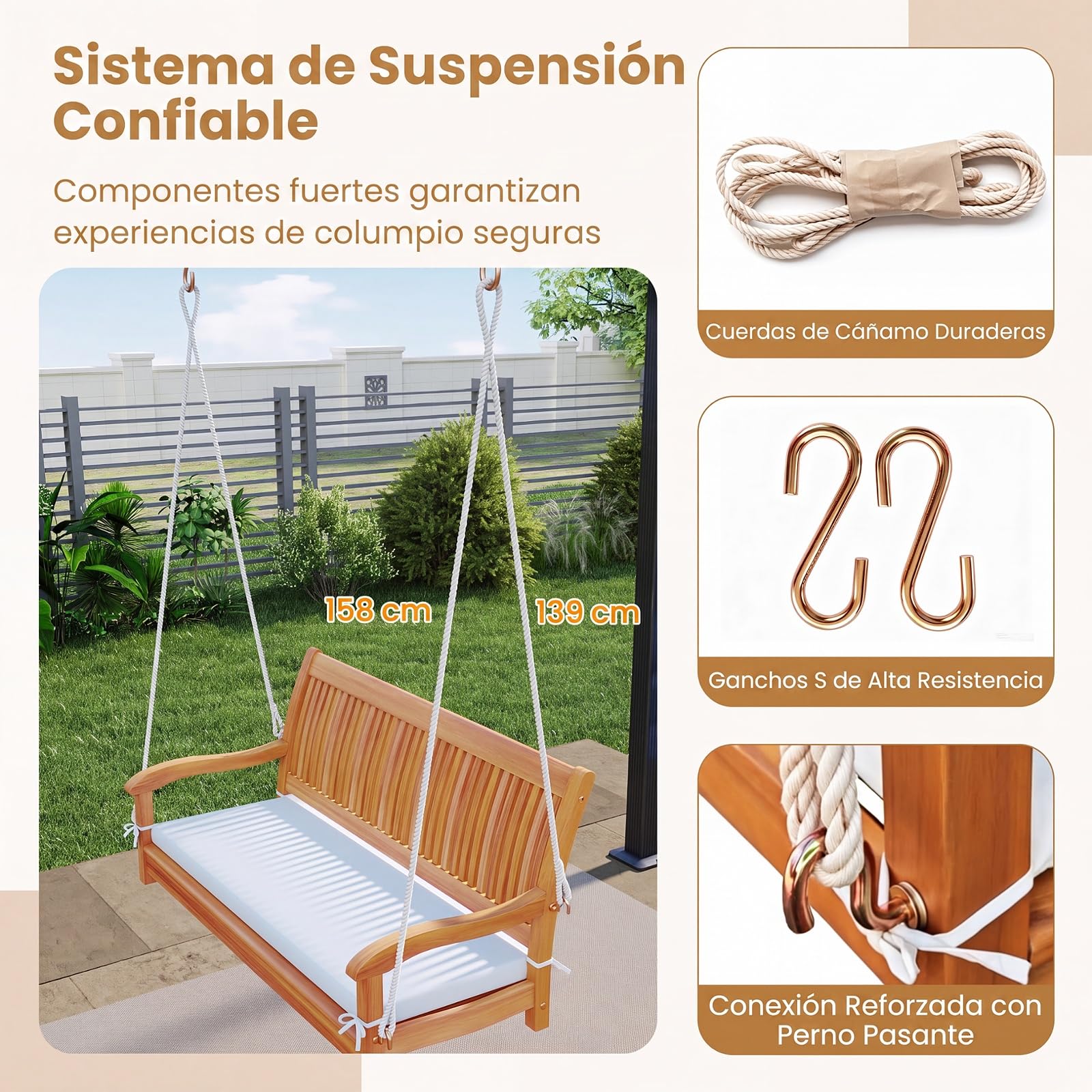 COSTWAY Banco Columpio de Jardín de 2 Plazas, Banco Colgante de Madera de Acacia con Cojín, Ganchos en S, Asiento de Listones, Respaldo y Reposabrazos, Silla Colgante para Exterior Patio, Carga 360 kg