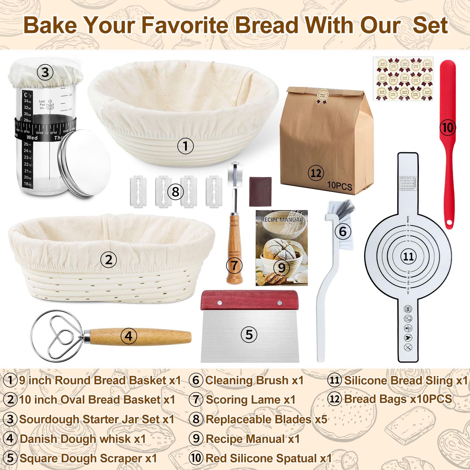 Kit Completo para Masa Madre 12 Piezas:Cesta para Pan Ovalada 25 cm y Cesta Redonda 23 cm,Banda de Silicona para Pan,Tarro de Fermentación para Levadura,Set de Raspadores para Bowl y Masa