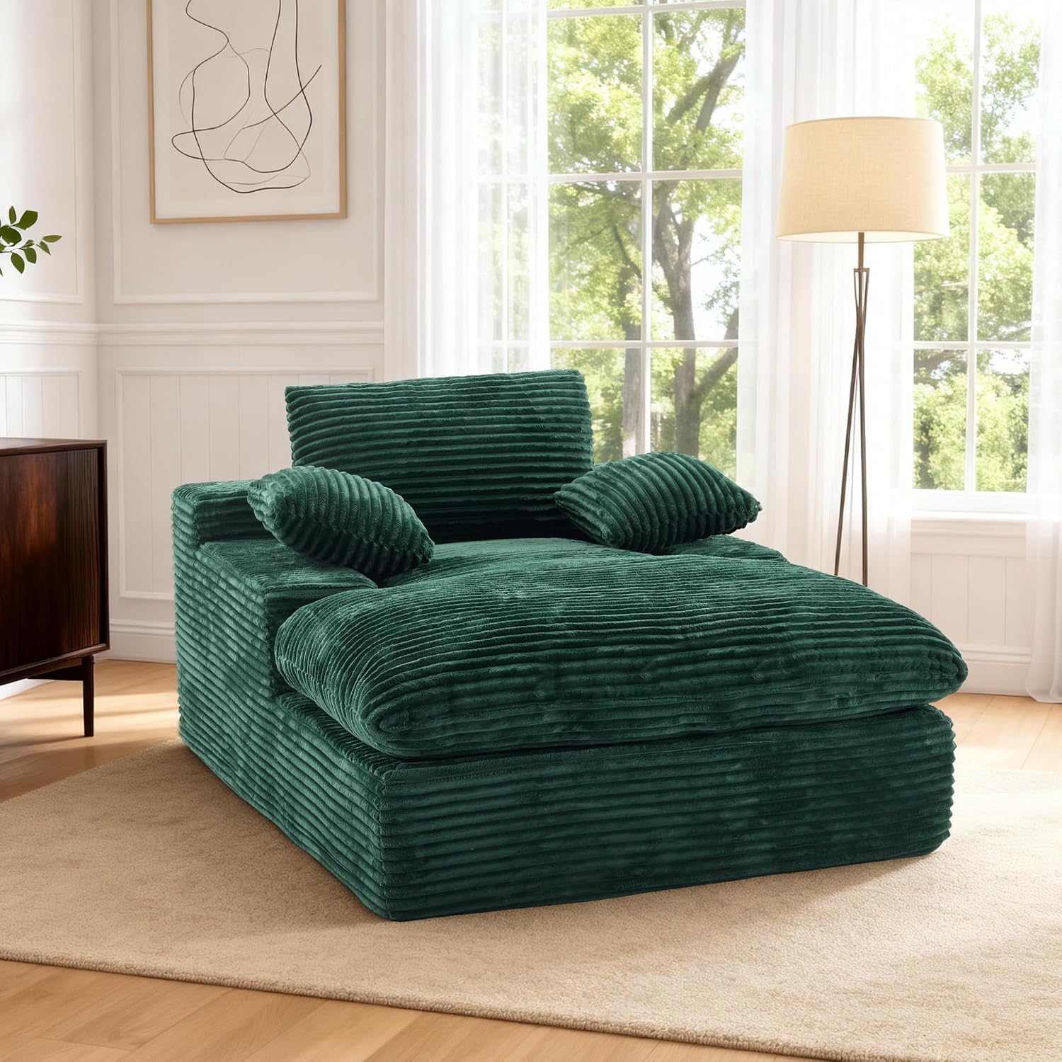 67 Inch Boneless Chaise Lounge Chair Indoor, Oversized Chaise Lounge with Corduroy Fabric and High Density Sponge, Deep Seat Sleeper Couch Chairs Sofa for Living Room Bedroom (Green)