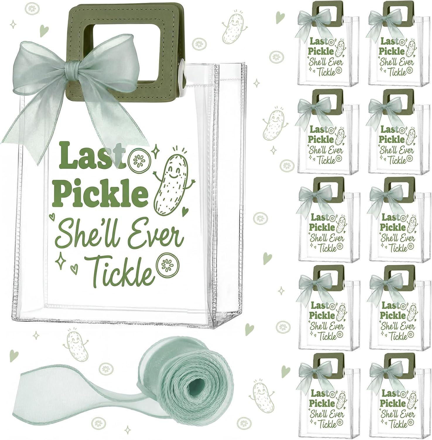 Gueevin 12 Set Bachelorette Gift Bags 7 x 4 x 8 Inch Last Pickle She'll Ever Tickle Party Clear Gift Bags with Handle and Sheer Ribbon Reusable Transparent PVC Totes for Bridal Shower Favors