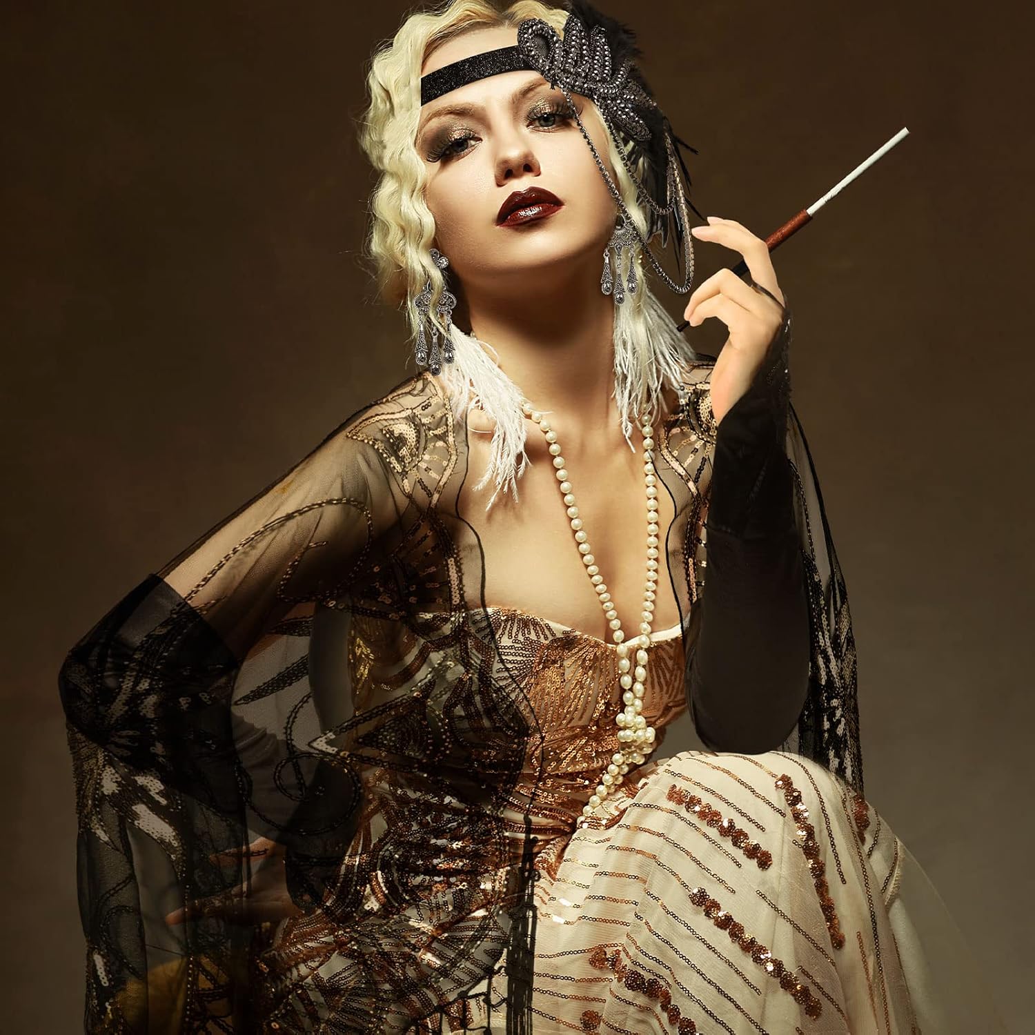 5 Pcs 1920s Accessories Set Flapper Feather Headband Pearl Necklace Earrings Gloves Fringed Evening Cape Scarf for Women - Image 6