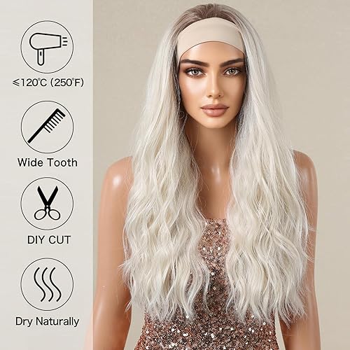 Miniatura 5 de Allbell Pelucas con diadema para mujer, largas, sueltas, onduladas, color rubio platino, sin pegamento, pelucas sintéticas con diadema, resistente