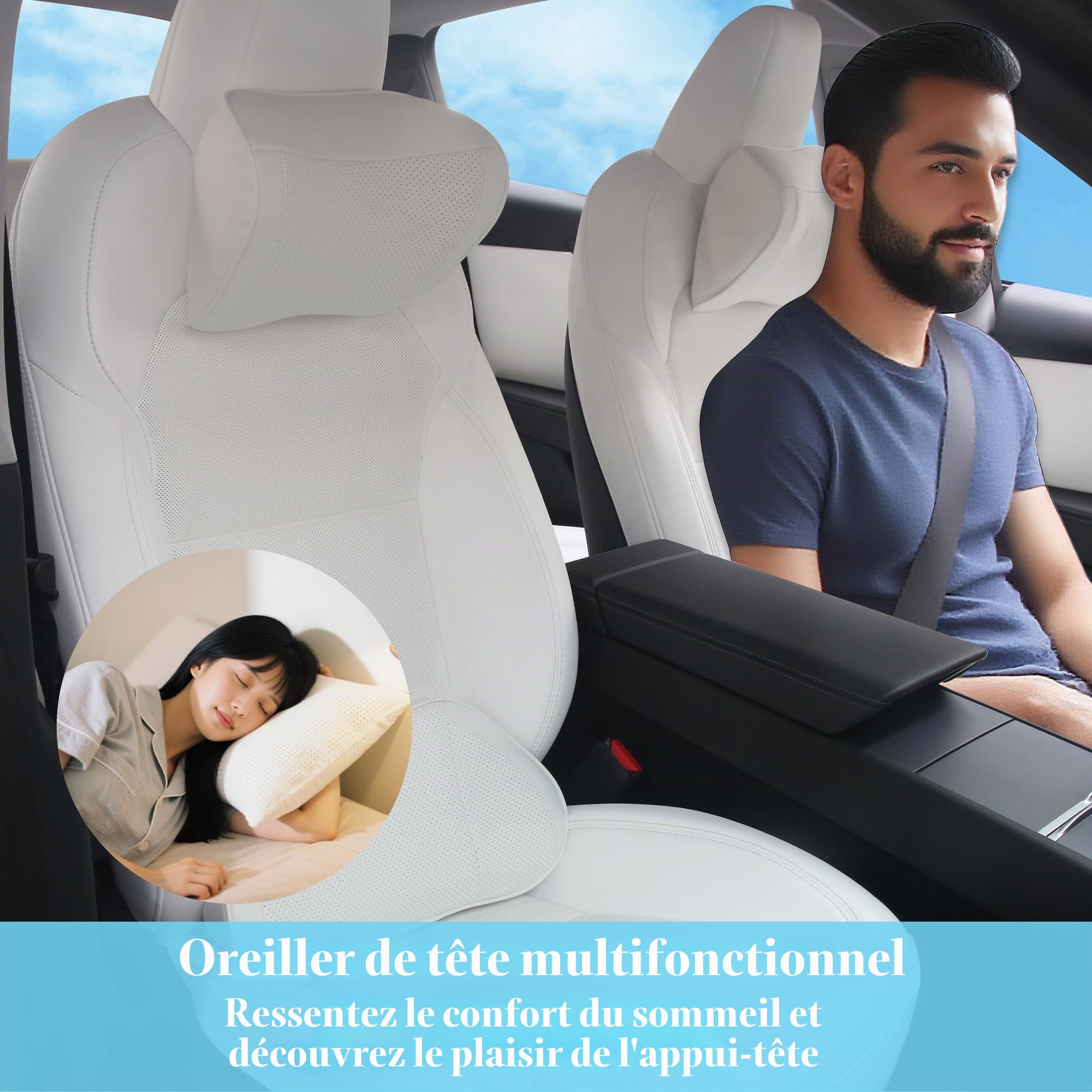 Oreiller Appui-Tête Voiture en Cuir 100% Mousse à Mémoire de Forme, Coussin de Nuque de Soutien de Siège Premium pour la Conduite, Les Voyages, la Maison, Le Bureau, Blanc, 1 Unités